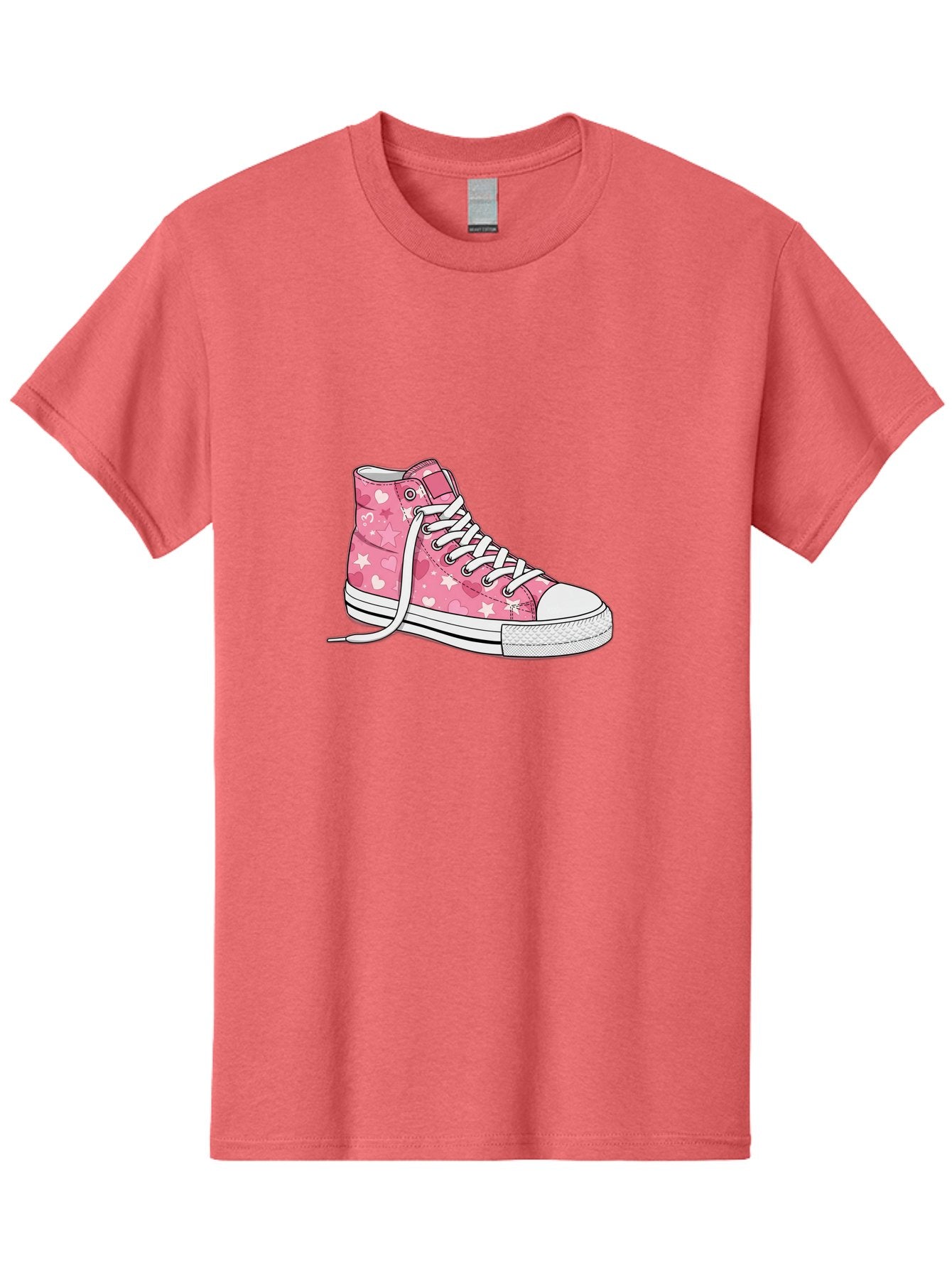 Pink-Heart-Star-Sneaker Men'S Graphic Tee, 100% Cotton, Comfortable Casual Summer Wear, Machine Washable, Pink High-Top Sneaker, White Stars, White Hearts, White Laces, Casual Footwear, Fashion Sneakers, Youth Culture, Cartoon Style, Bab166