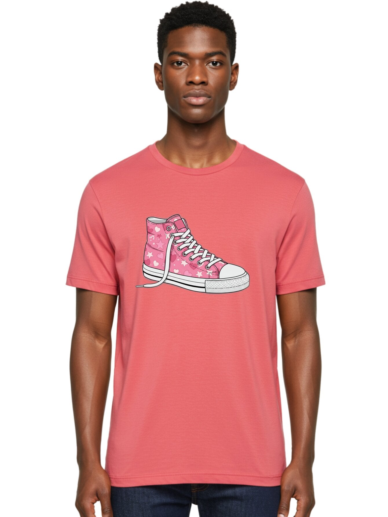 Pink-Heart-Star-Sneaker Men'S Graphic Tee, 100% Cotton, Comfortable Casual Summer Wear, Machine Washable, Pink High-Top Sneaker, White Stars, White Hearts, White Laces, Casual Footwear, Fashion Sneakers, Youth Culture, Cartoon Style, Bab166 19