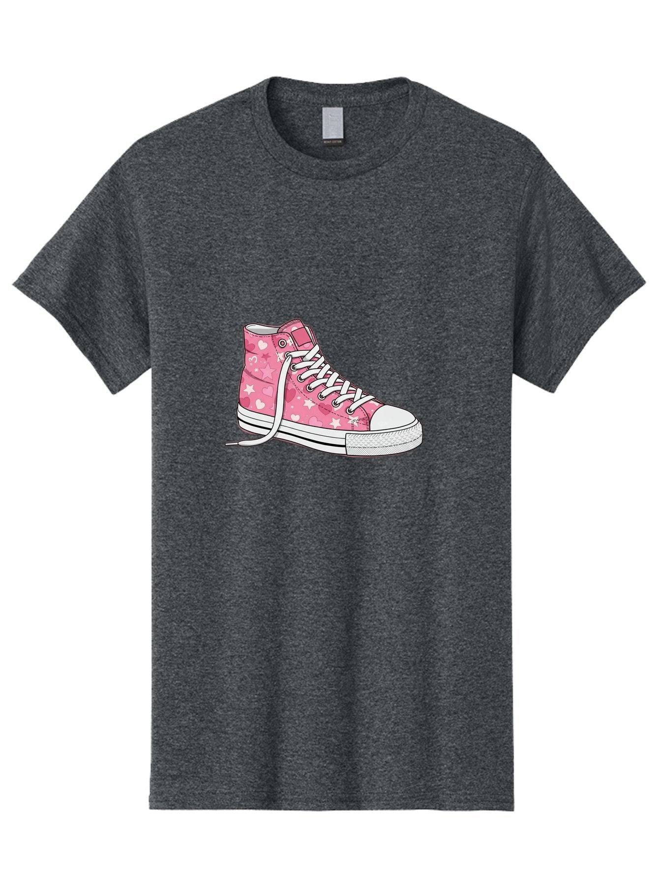 Pink-Heart-Star-Sneaker Men'S Graphic Tee, 100% Cotton, Comfortable Casual Summer Wear, Machine Washable, Pink High-Top Sneaker, White Stars, White Hearts, White Laces, Casual Footwear, Fashion Sneakers, Youth Culture, Cartoon Style, Bab166