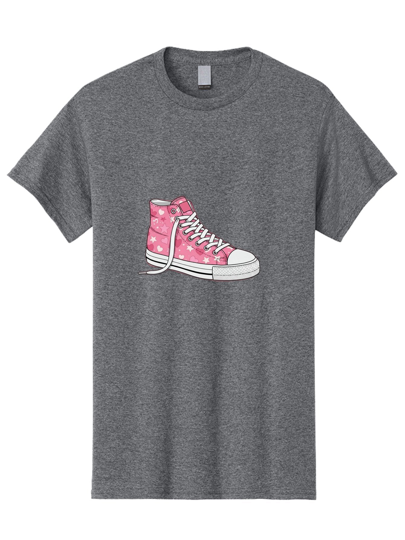 Pink-Heart-Star-Sneaker Men'S Graphic Tee, 100% Cotton, Comfortable Casual Summer Wear, Machine Washable, Pink High-Top Sneaker, White Stars, White Hearts, White Laces, Casual Footwear, Fashion Sneakers, Youth Culture, Cartoon Style, Bab166 7