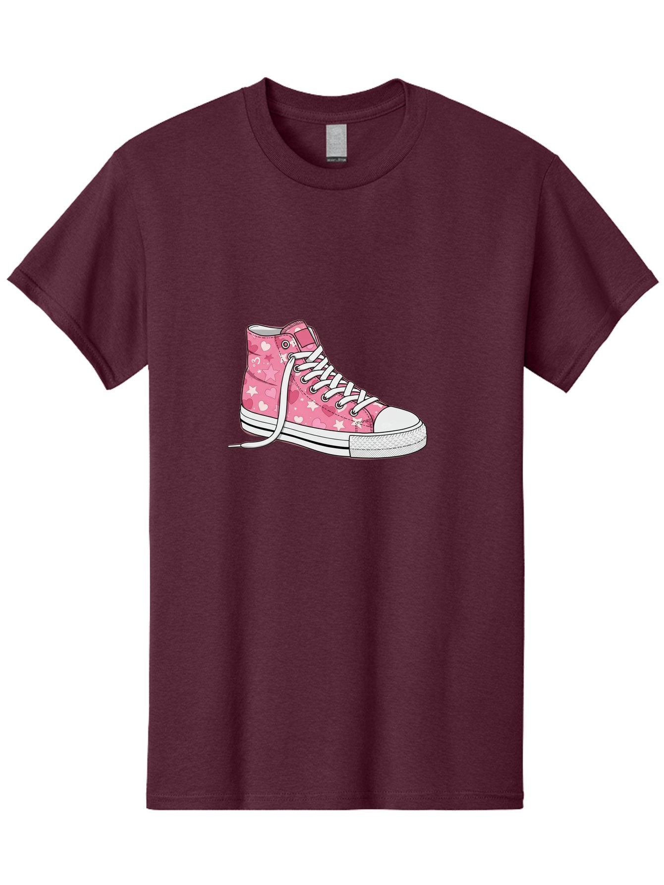 Pink-Heart-Star-Sneaker Men'S Graphic Tee, 100% Cotton, Comfortable Casual Summer Wear, Machine Washable, Pink High-Top Sneaker, White Stars, White Hearts, White Laces, Casual Footwear, Fashion Sneakers, Youth Culture, Cartoon Style, Bab166 3