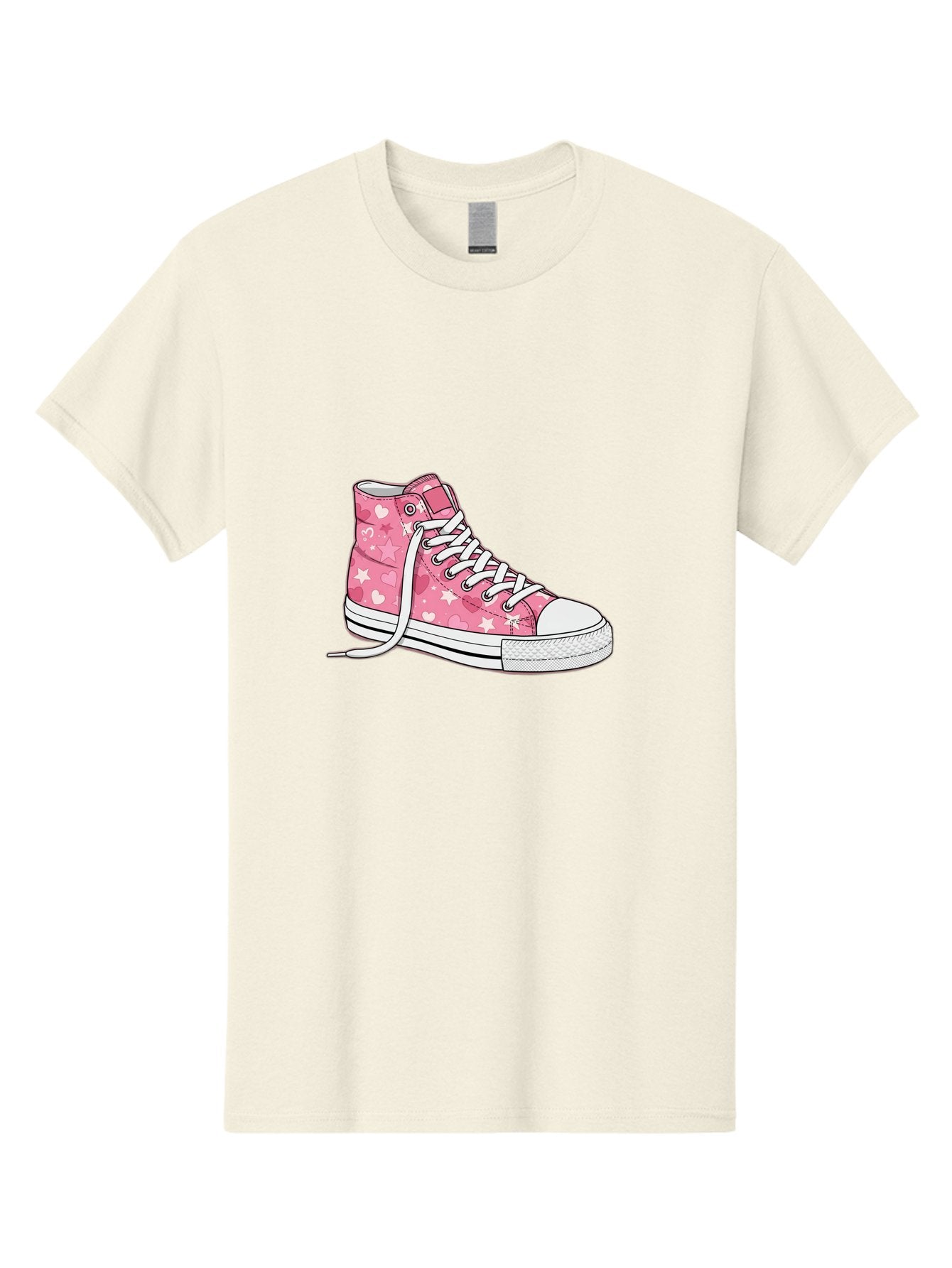 Pink-Heart-Star-Sneaker Men'S Graphic Tee, 100% Cotton, Comfortable Casual Summer Wear, Machine Washable, Pink High-Top Sneaker, White Stars, White Hearts, White Laces, Casual Footwear, Fashion Sneakers, Youth Culture, Cartoon Style, Bab166 14
