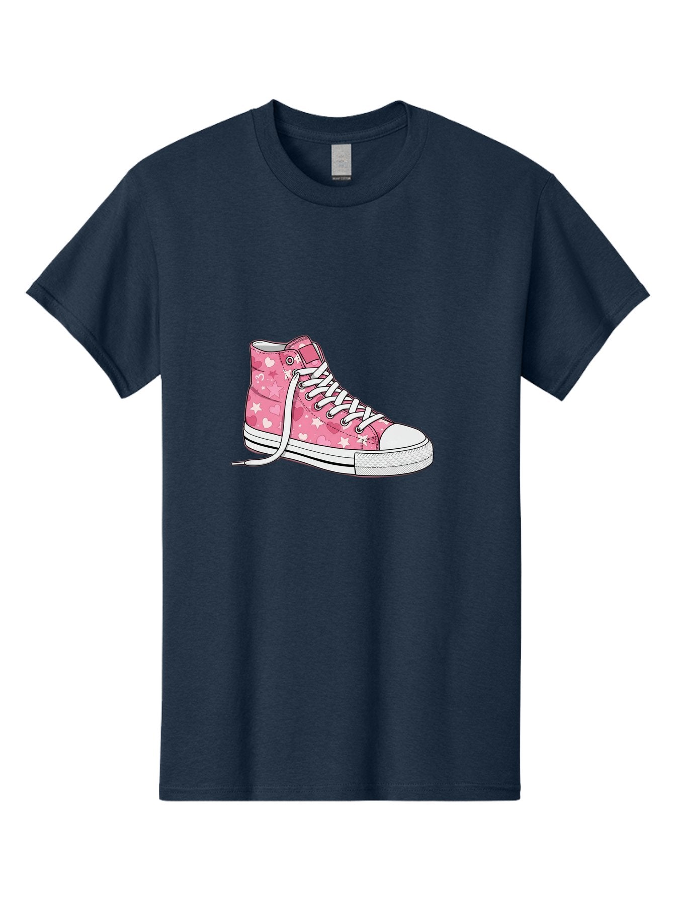 Pink-Heart-Star-Sneaker Men'S Graphic Tee, 100% Cotton, Comfortable Casual Summer Wear, Machine Washable, Pink High-Top Sneaker, White Stars, White Hearts, White Laces, Casual Footwear, Fashion Sneakers, Youth Culture, Cartoon Style, Bab166 13