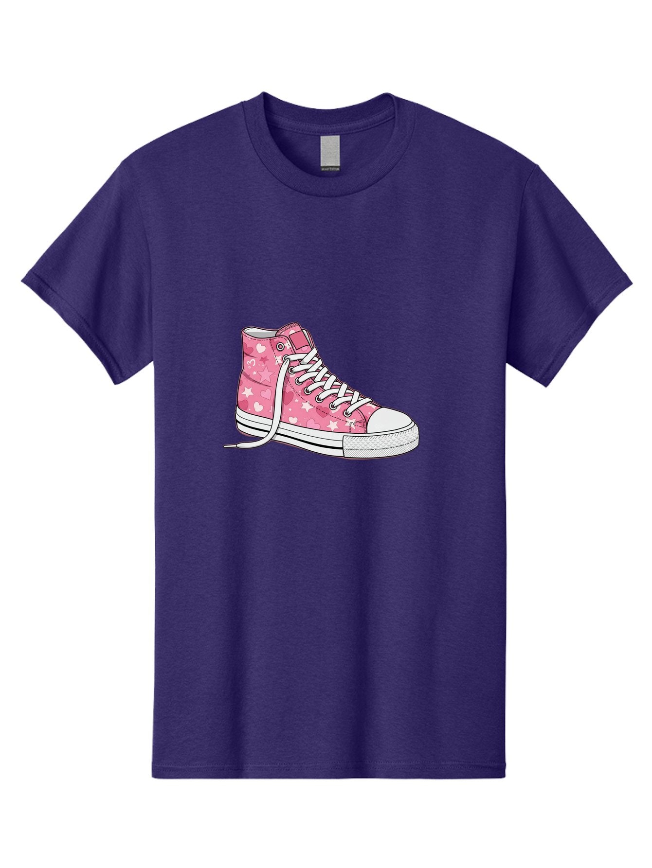 Pink-Heart-Star-Sneaker Men'S Graphic Tee, 100% Cotton, Comfortable Casual Summer Wear, Machine Washable, Pink High-Top Sneaker, White Stars, White Hearts, White Laces, Casual Footwear, Fashion Sneakers, Youth Culture, Cartoon Style, Bab166 5