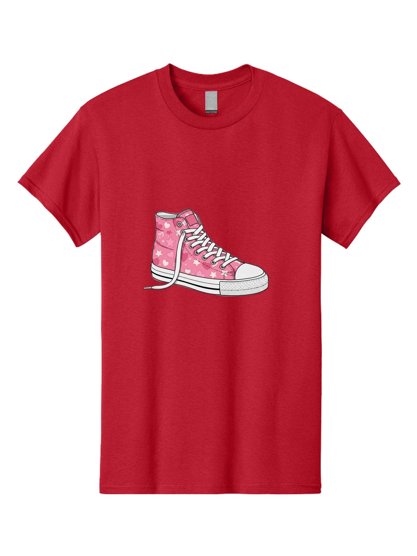 Pink-Heart-Star-Sneaker Men'S Graphic Tee, 100% Cotton, Comfortable Casual Summer Wear, Machine Washable, Pink High-Top Sneaker, White Stars, White Hearts, White Laces, Casual Footwear, Fashion Sneakers, Youth Culture, Cartoon Style, Bab166 4