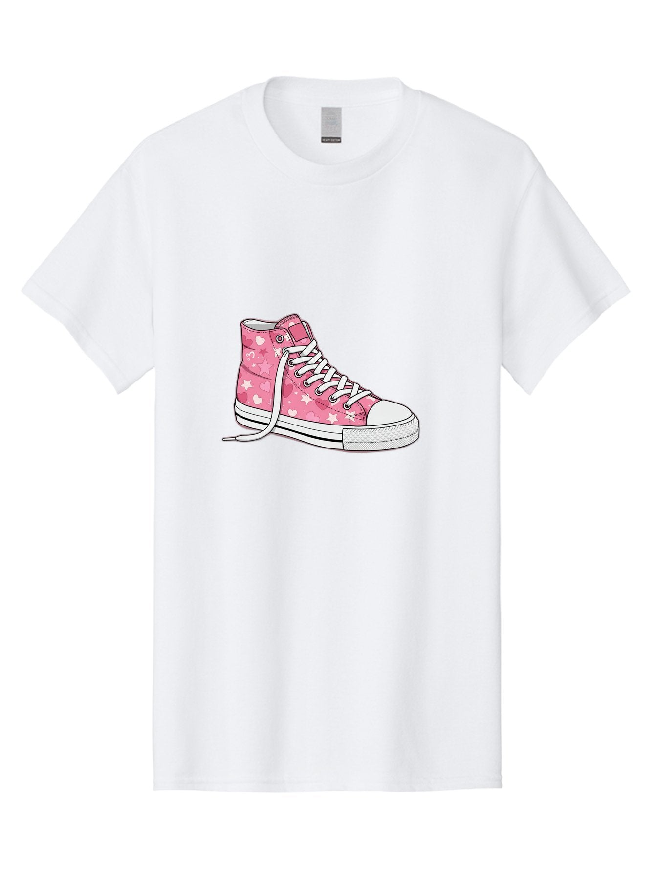 Pink-Heart-Star-Sneaker Men'S Graphic Tee, 100% Cotton, Comfortable Casual Summer Wear, Machine Washable, Pink High-Top Sneaker, White Stars, White Hearts, White Laces, Casual Footwear, Fashion Sneakers, Youth Culture, Cartoon Style, Bab166 11