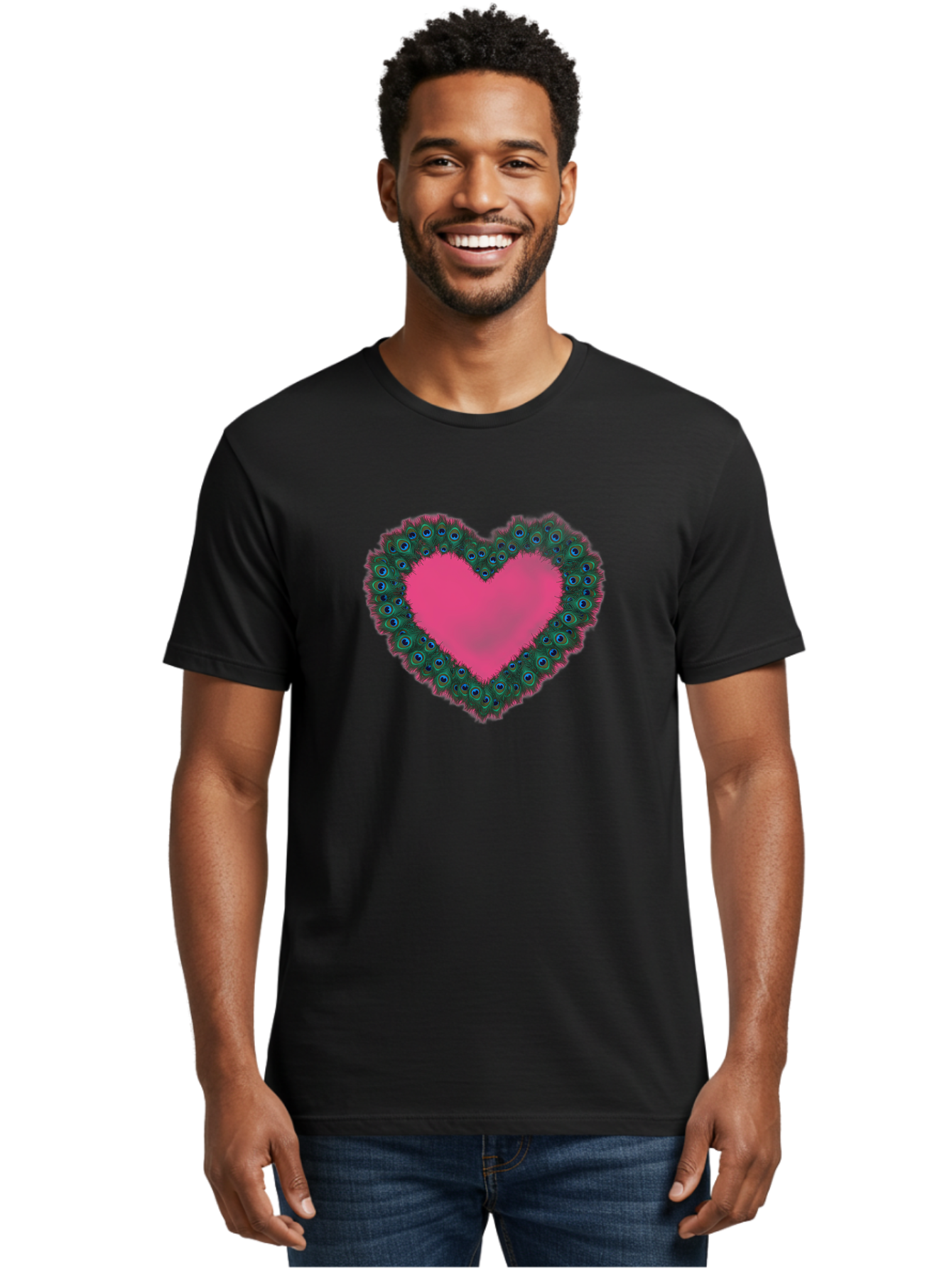 Pink-Heart Men'S Graphic Tee, 100% Cotton, Comfortable Casual Summer Wear, Machine Washable, Heart Shape, Pink Center, Peacock Feathers, Blue Eyespots, Green Hues, Romantic Symbol, Love Heart, Vibrant Colors, Decorative Border, Festive Design, Bab167 28