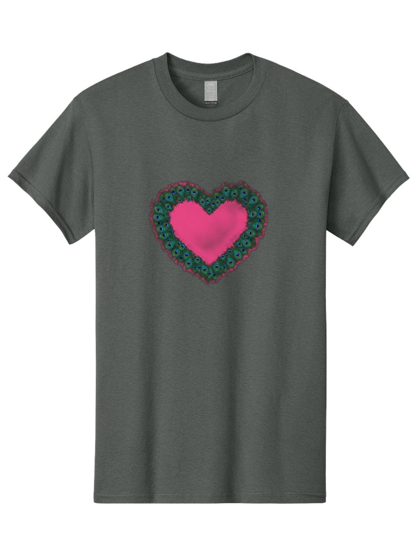 Pink-Heart Men'S Graphic Tee, 100% Cotton, Comfortable Casual Summer Wear, Machine Washable, Heart Shape, Pink Center, Peacock Feathers, Blue Eyespots, Green Hues, Romantic Symbol, Love Heart, Vibrant Colors, Decorative Border, Festive Design, Bab167 7