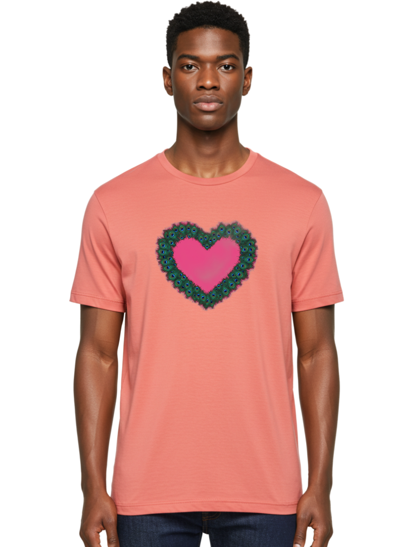 Pink-Heart Men'S Graphic Tee, 100% Cotton, Comfortable Casual Summer Wear, Machine Washable, Heart Shape, Pink Center, Peacock Feathers, Blue Eyespots, Green Hues, Romantic Symbol, Love Heart, Vibrant Colors, Decorative Border, Festive Design, Bab167