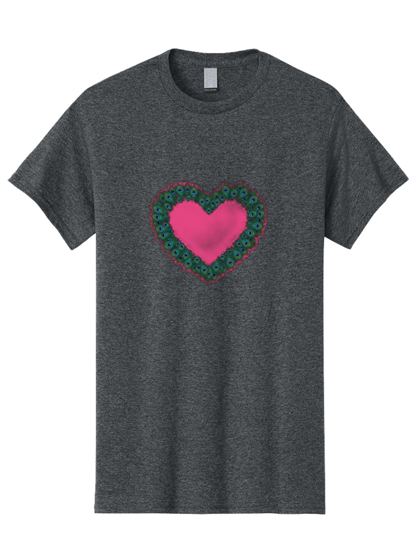 Pink-Heart Men'S Graphic Tee, 100% Cotton, Comfortable Casual Summer Wear, Machine Washable, Heart Shape, Pink Center, Peacock Feathers, Blue Eyespots, Green Hues, Romantic Symbol, Love Heart, Vibrant Colors, Decorative Border, Festive Design, Bab167 11