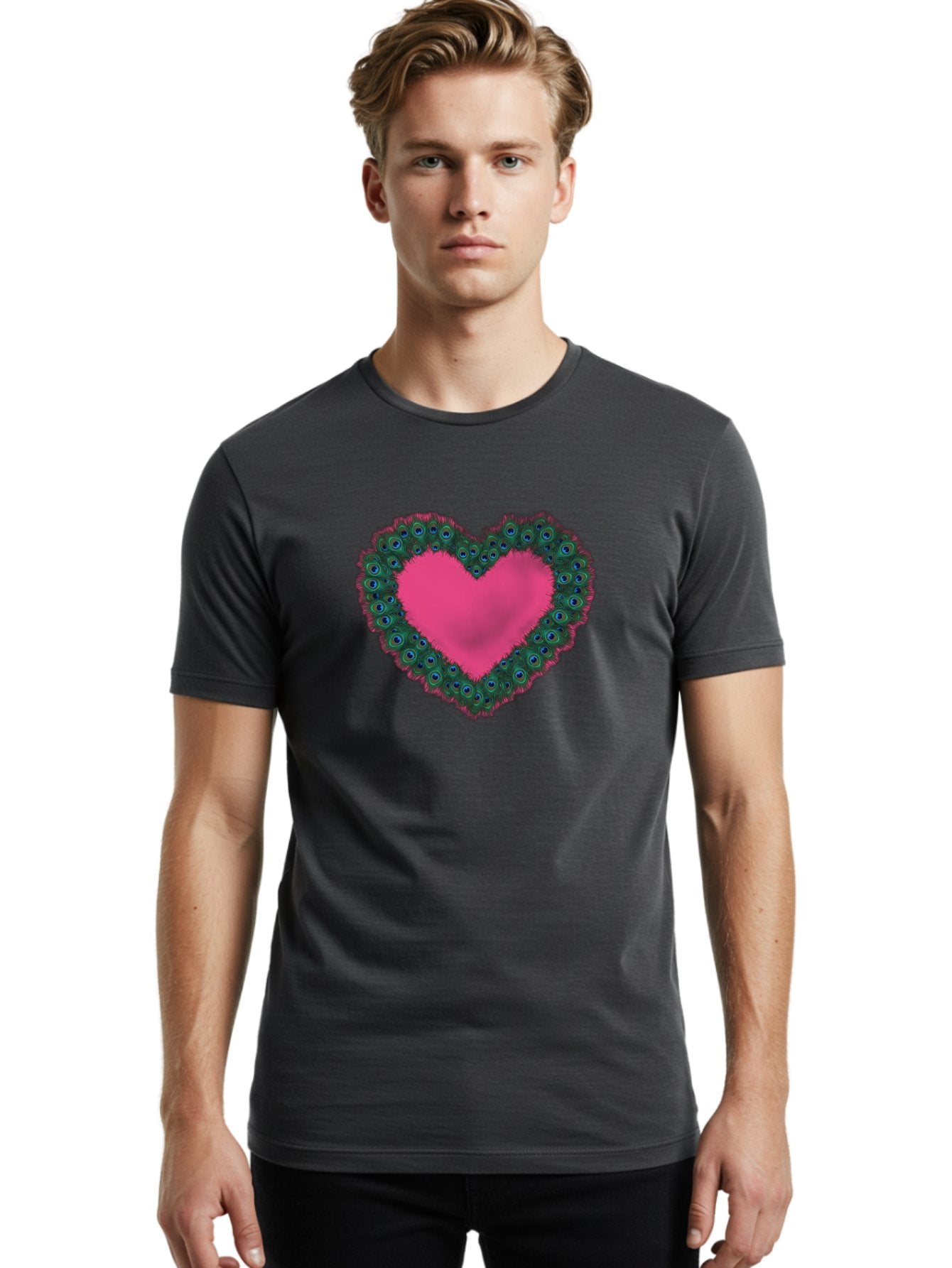 Pink-Heart Men'S Graphic Tee, 100% Cotton, Comfortable Casual Summer Wear, Machine Washable, Heart Shape, Pink Center, Peacock Feathers, Blue Eyespots, Green Hues, Romantic Symbol, Love Heart, Vibrant Colors, Decorative Border, Festive Design, Bab167 27
