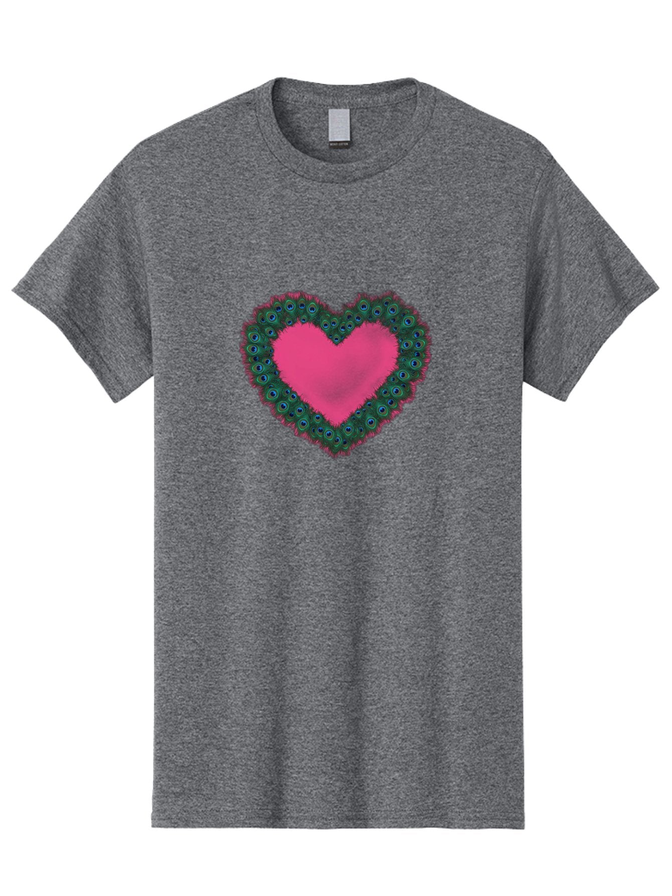 Pink-Heart Men'S Graphic Tee, 100% Cotton, Comfortable Casual Summer Wear, Machine Washable, Heart Shape, Pink Center, Peacock Feathers, Blue Eyespots, Green Hues, Romantic Symbol, Love Heart, Vibrant Colors, Decorative Border, Festive Design, Bab167 4