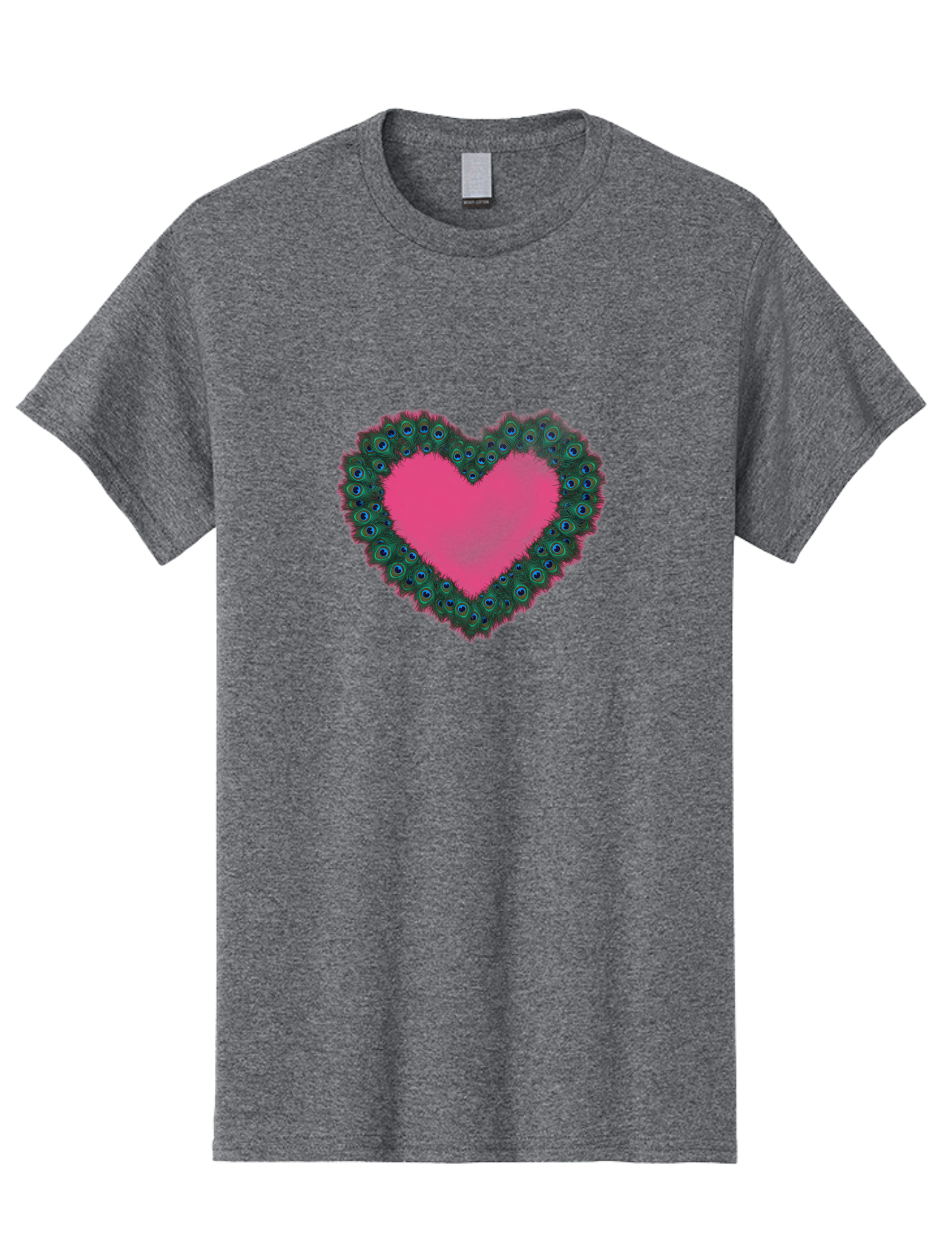 Pink-Heart Men'S Graphic Tee, 100% Cotton, Comfortable Casual Summer Wear, Machine Washable, Heart Shape, Pink Center, Peacock Feathers, Blue Eyespots, Green Hues, Romantic Symbol, Love Heart, Vibrant Colors, Decorative Border, Festive Design, Bab167 11