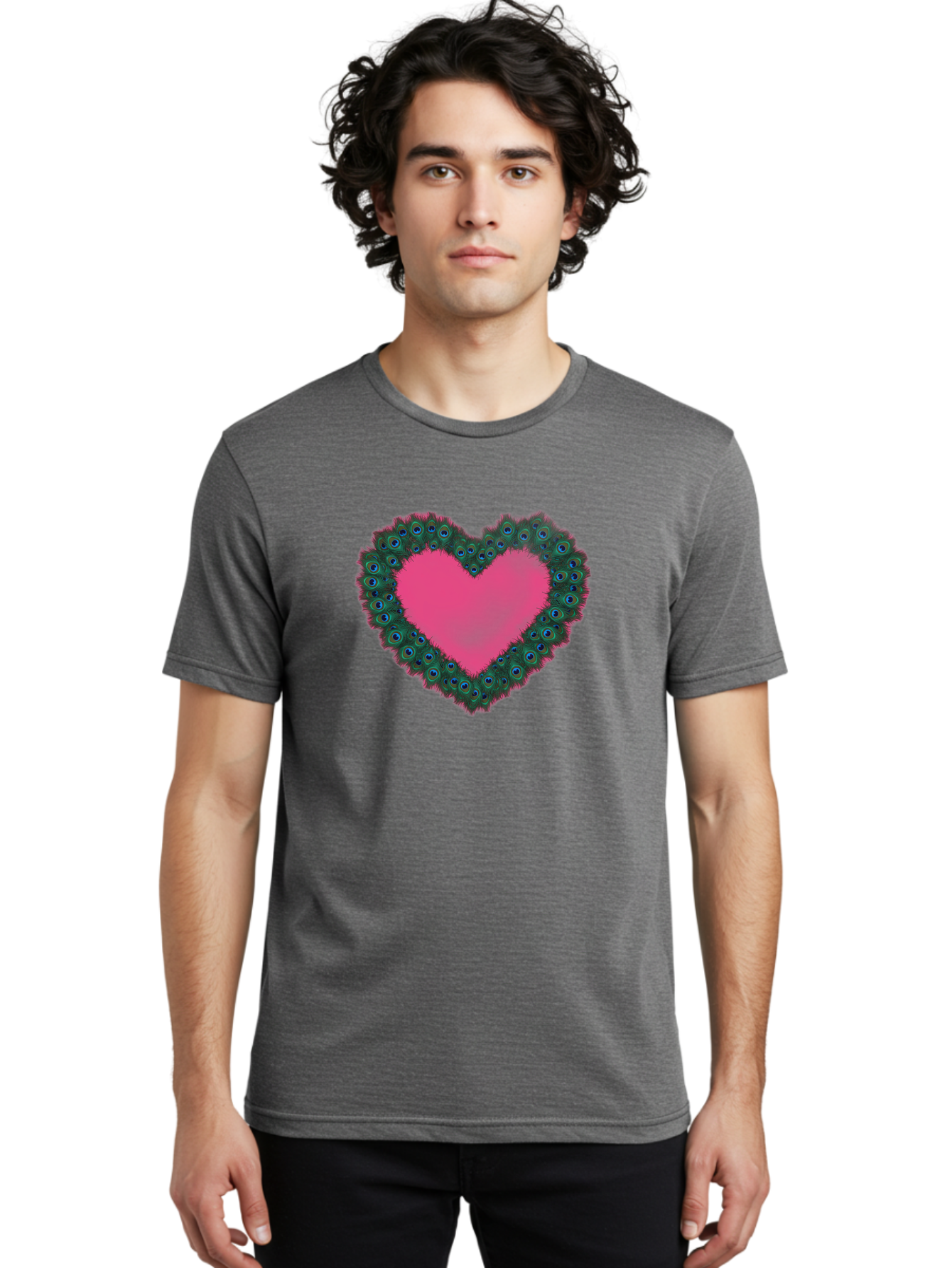Pink-Heart Men'S Graphic Tee, 100% Cotton, Comfortable Casual Summer Wear, Machine Washable, Heart Shape, Pink Center, Peacock Feathers, Blue Eyespots, Green Hues, Romantic Symbol, Love Heart, Vibrant Colors, Decorative Border, Festive Design, Bab167 12