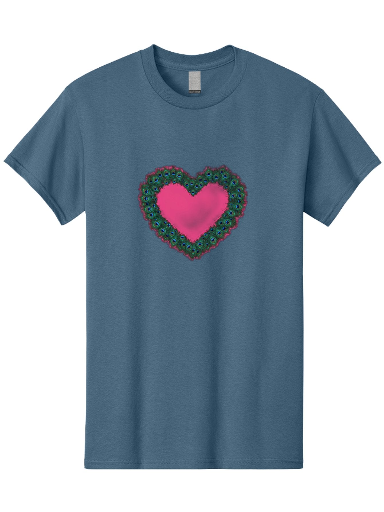 Pink-Heart Men'S Graphic Tee, 100% Cotton, Comfortable Casual Summer Wear, Machine Washable, Heart Shape, Pink Center, Peacock Feathers, Blue Eyespots, Green Hues, Romantic Symbol, Love Heart, Vibrant Colors, Decorative Border, Festive Design, Bab167 8
