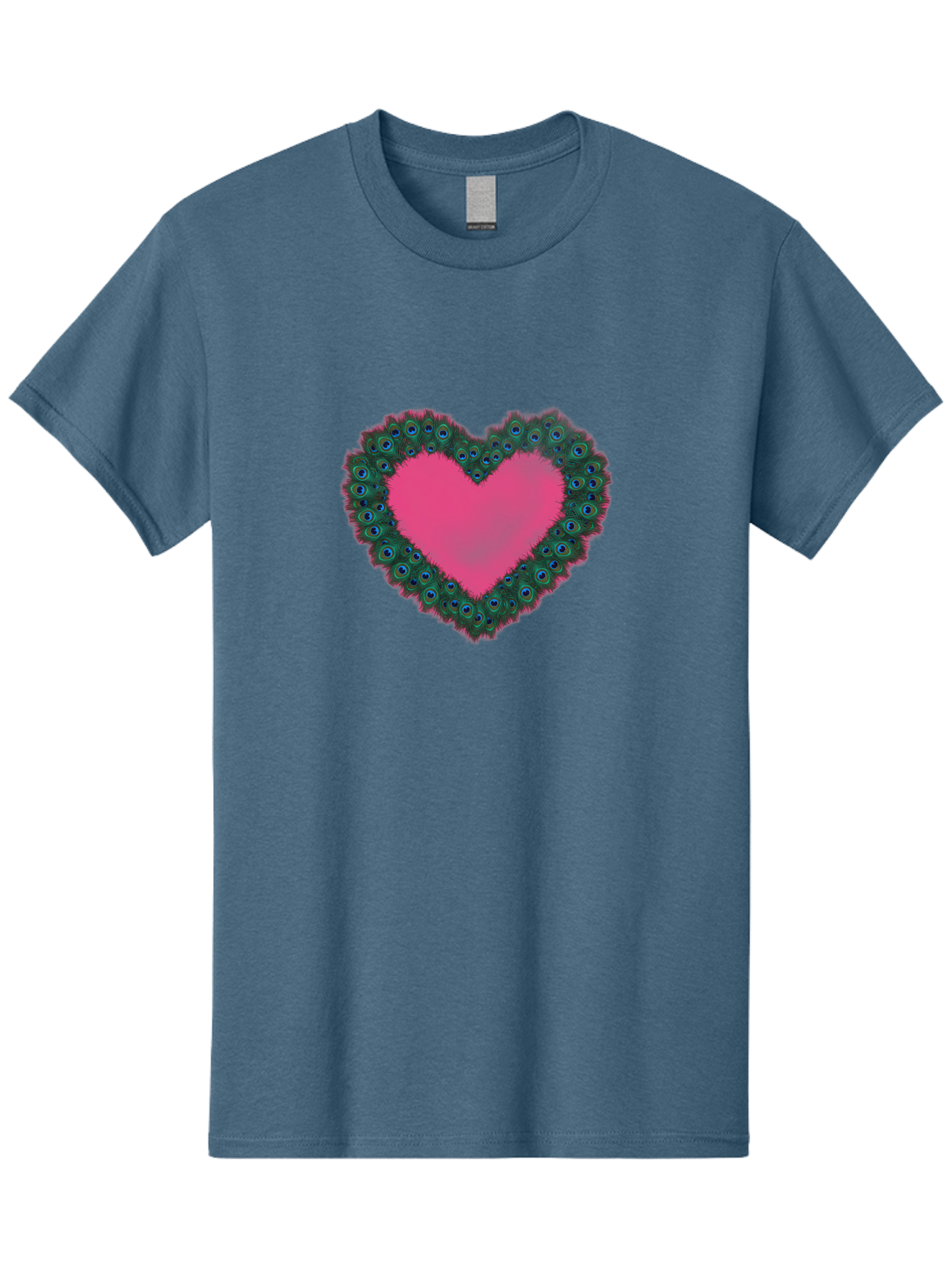 Pink-Heart Men'S Graphic Tee, 100% Cotton, Comfortable Casual Summer Wear, Machine Washable, Heart Shape, Pink Center, Peacock Feathers, Blue Eyespots, Green Hues, Romantic Symbol, Love Heart, Vibrant Colors, Decorative Border, Festive Design, Bab167 13