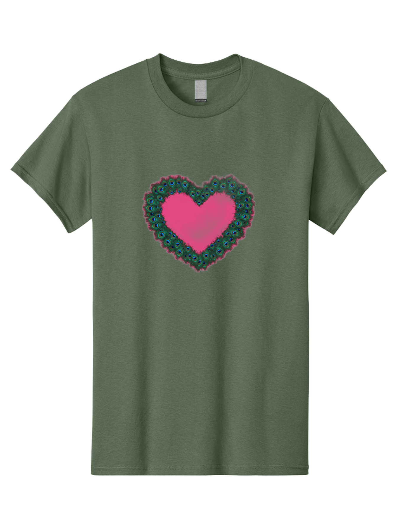 Pink-Heart Men'S Graphic Tee, 100% Cotton, Comfortable Casual Summer Wear, Machine Washable, Heart Shape, Pink Center, Peacock Feathers, Blue Eyespots, Green Hues, Romantic Symbol, Love Heart, Vibrant Colors, Decorative Border, Festive Design, Bab167 17