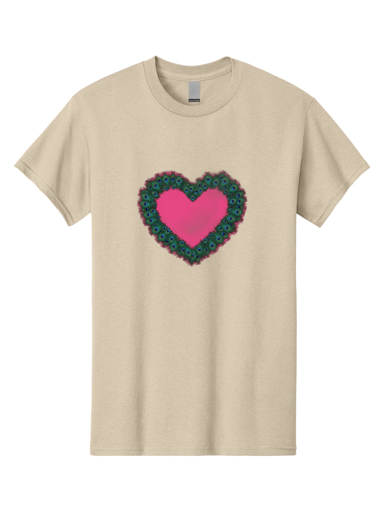 Pink-Heart Men'S Graphic Tee, 100% Cotton, Comfortable Casual Summer Wear, Machine Washable, Heart Shape, Pink Center, Peacock Feathers, Blue Eyespots, Green Hues, Romantic Symbol, Love Heart, Vibrant Colors, Decorative Border, Festive Design, Bab167