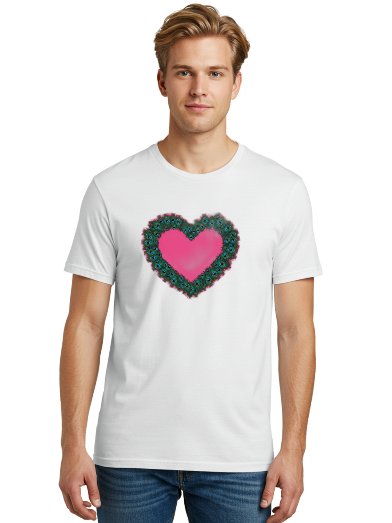 Pink-Heart Men'S Graphic Tee, 100% Cotton, Comfortable Casual Summer Wear, Machine Washable, Heart Shape, Pink Center, Peacock Feathers, Blue Eyespots, Green Hues, Romantic Symbol, Love Heart, Vibrant Colors, Decorative Border, Festive Design, Bab167 8