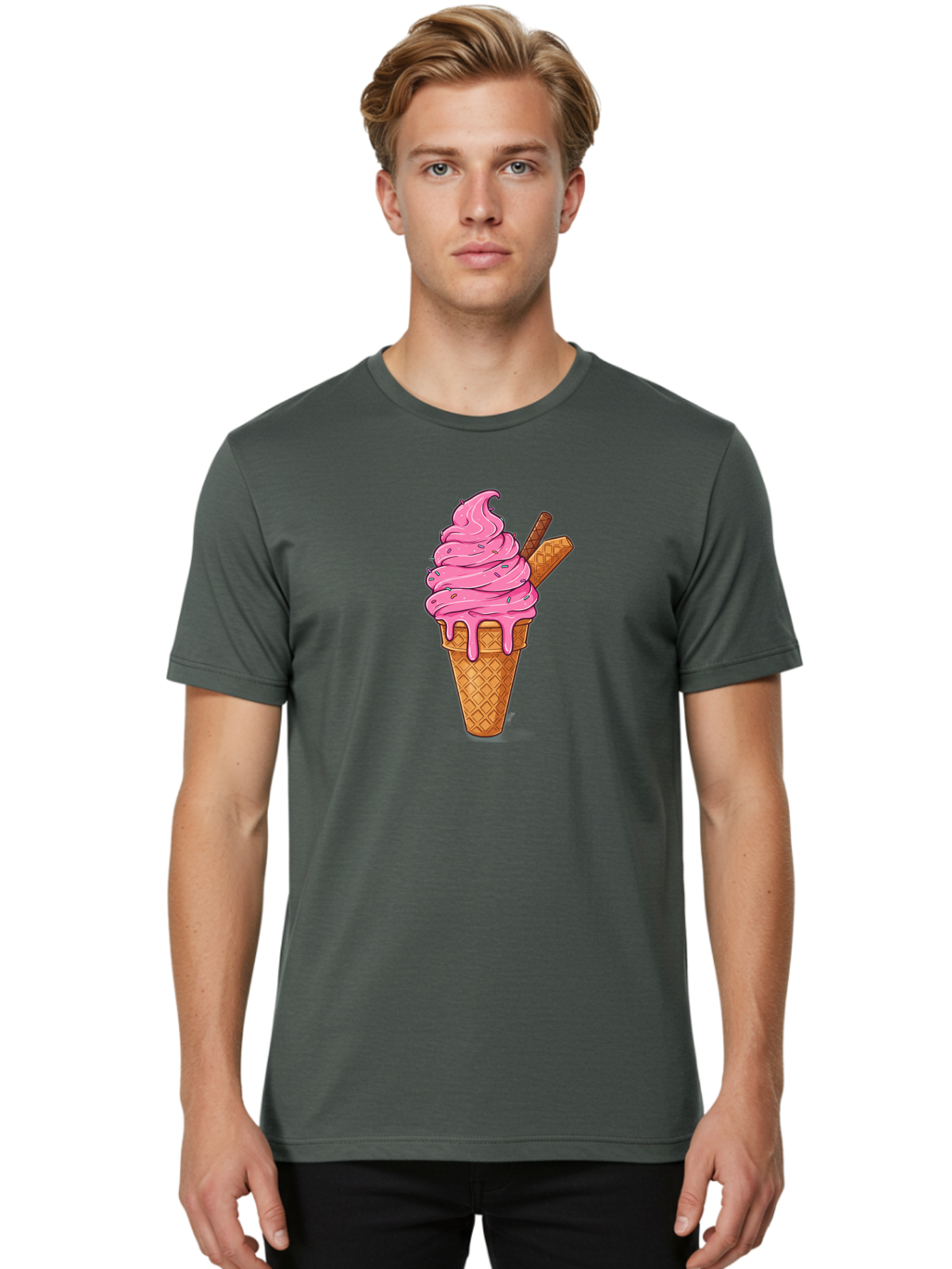 Pink-Ice-Cream-1 Men'S Graphic Tee, 100% Cotton, Comfortable Casual Summer Wear, Machine Washable, Pink Ice Cream Cone, Melting Ice Cream, Waffle Cone, Sprinkles, Wafer Sticks, Sweet Treats, Dessert, Ice Cream Lover, Cartoon Style, Tasty, Bab168 20