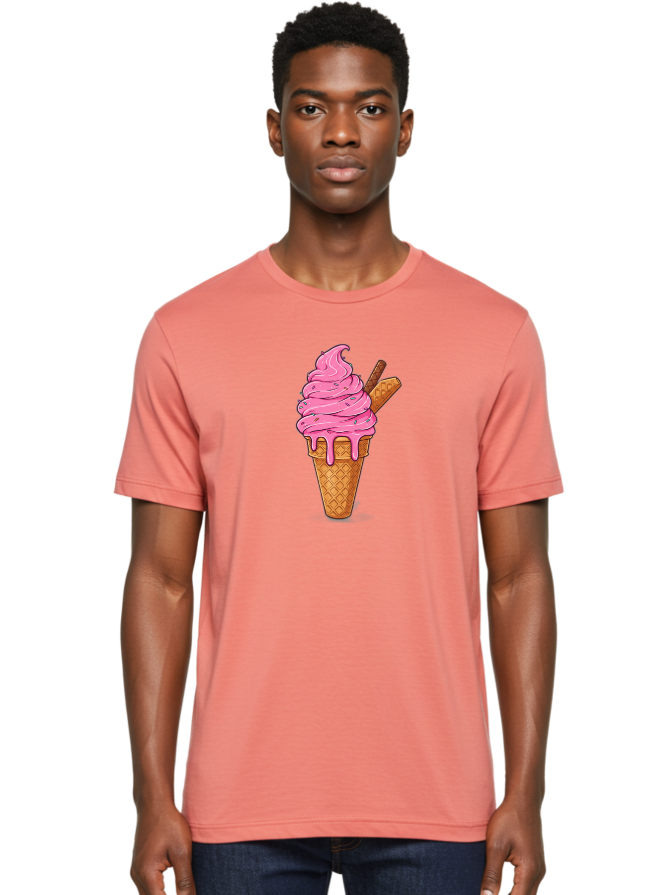 Pink-Ice-Cream-1 Men'S Graphic Tee, 100% Cotton, Comfortable Casual Summer Wear, Machine Washable, Pink Ice Cream Cone, Melting Ice Cream, Waffle Cone, Sprinkles, Wafer Sticks, Sweet Treats, Dessert, Ice Cream Lover, Cartoon Style, Tasty, Bab168
