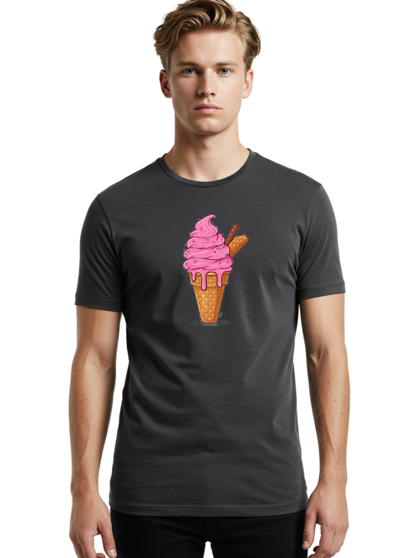 Pink-Ice-Cream-1 Men'S Graphic Tee, 100% Cotton, Comfortable Casual Summer Wear, Machine Washable, Pink Ice Cream Cone, Melting Ice Cream, Waffle Cone, Sprinkles, Wafer Sticks, Sweet Treats, Dessert, Ice Cream Lover, Cartoon Style, Tasty, Bab168 10