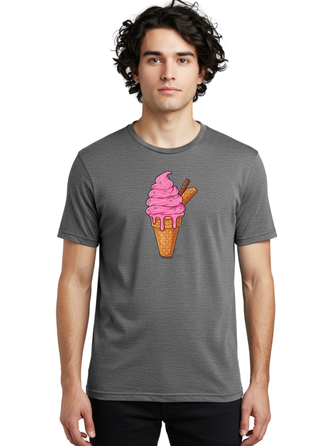 Pink-Ice-Cream-1 Men'S Graphic Tee, 100% Cotton, Comfortable Casual Summer Wear, Machine Washable, Pink Ice Cream Cone, Melting Ice Cream, Waffle Cone, Sprinkles, Wafer Sticks, Sweet Treats, Dessert, Ice Cream Lover, Cartoon Style, Tasty, Bab168 24