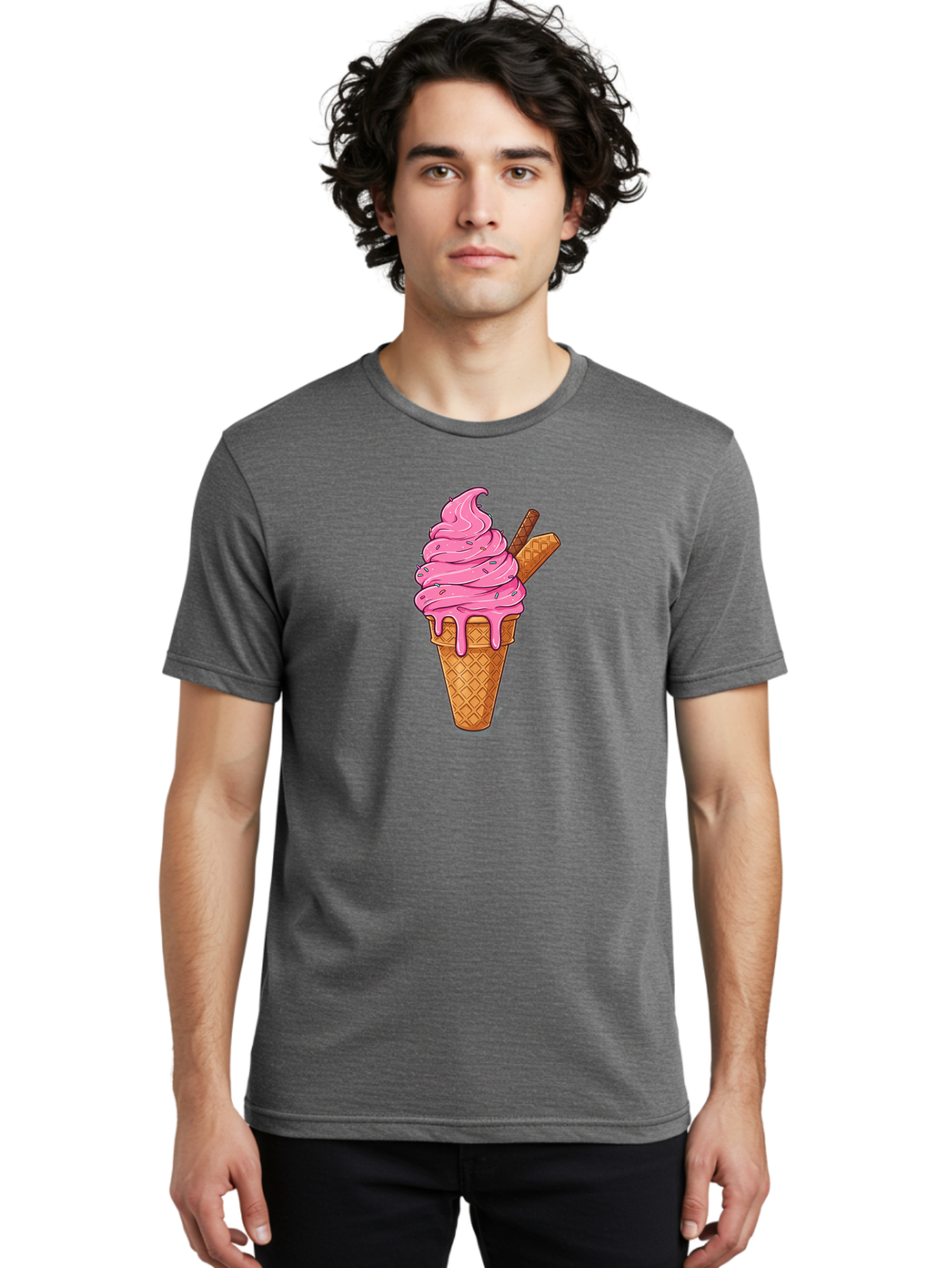 Pink-Ice-Cream-1 Men'S Graphic Tee, 100% Cotton, Comfortable Casual Summer Wear, Machine Washable, Pink Ice Cream Cone, Melting Ice Cream, Waffle Cone, Sprinkles, Wafer Sticks, Sweet Treats, Dessert, Ice Cream Lover, Cartoon Style, Tasty, Bab168 12