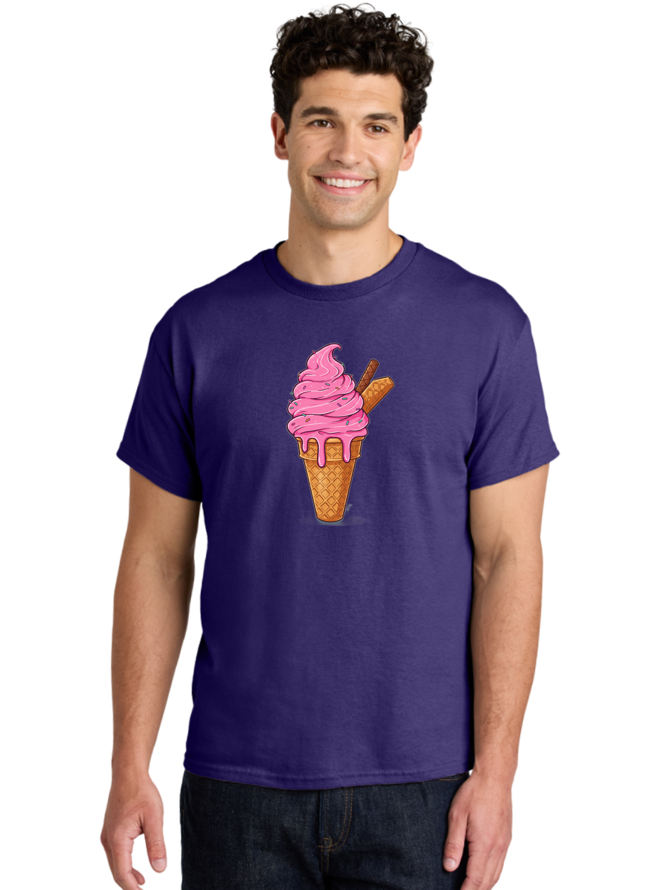 Pink-Ice-Cream-1 Men'S Graphic Tee, 100% Cotton, Comfortable Casual Summer Wear, Machine Washable, Pink Ice Cream Cone, Melting Ice Cream, Waffle Cone, Sprinkles, Wafer Sticks, Sweet Treats, Dessert, Ice Cream Lover, Cartoon Style, Tasty, Bab168 24