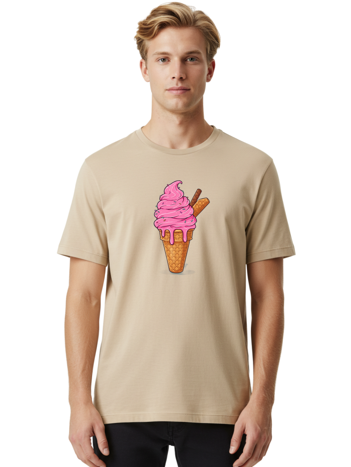 Pink-Ice-Cream-1 Men'S Graphic Tee, 100% Cotton, Comfortable Casual Summer Wear, Machine Washable, Pink Ice Cream Cone, Melting Ice Cream, Waffle Cone, Sprinkles, Wafer Sticks, Sweet Treats, Dessert, Ice Cream Lover, Cartoon Style, Tasty, Bab168 4