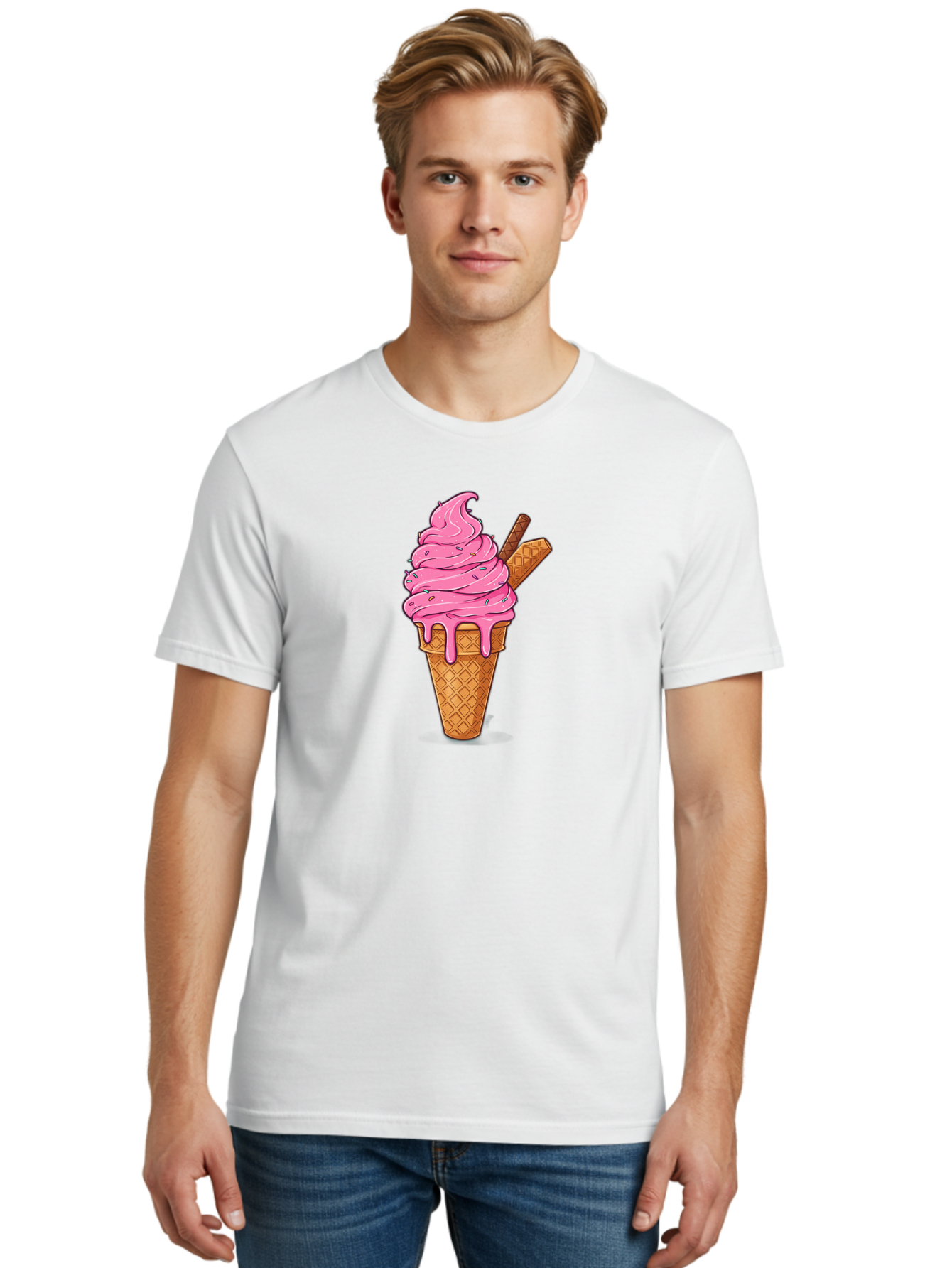 Pink-Ice-Cream-1 Men'S Graphic Tee, 100% Cotton, Comfortable Casual Summer Wear, Machine Washable, Pink Ice Cream Cone, Melting Ice Cream, Waffle Cone, Sprinkles, Wafer Sticks, Sweet Treats, Dessert, Ice Cream Lover, Cartoon Style, Tasty, Bab168 8