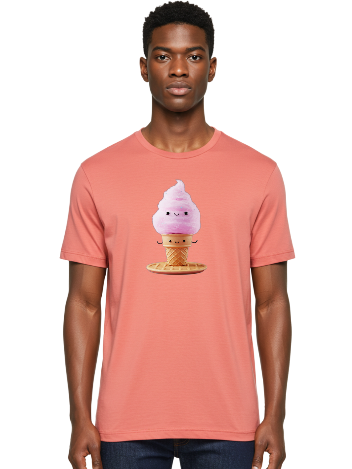 Pink-Ice-Cream-2 Men'S Graphic Tee, 100% Cotton, Comfortable Casual Summer Wear, Machine Washable, Pink Ice Cream, Soft Serve Ice Cream, Happy Face, Kawaii Design, Cute Dessert, Ice Cream Cone, Sweet Treat, Cartoon Character Bab169