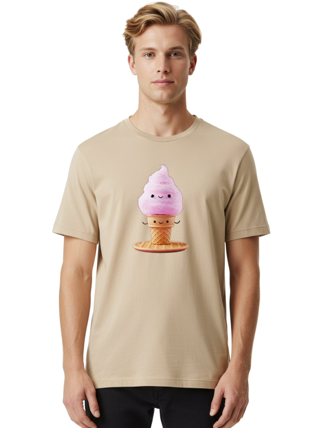 Pink-Ice-Cream-2 Men'S Graphic Tee, 100% Cotton, Comfortable Casual Summer Wear, Machine Washable, Pink Ice Cream, Soft Serve Ice Cream, Happy Face, Kawaii Design, Cute Dessert, Ice Cream Cone, Sweet Treat, Cartoon Character Bab169 4