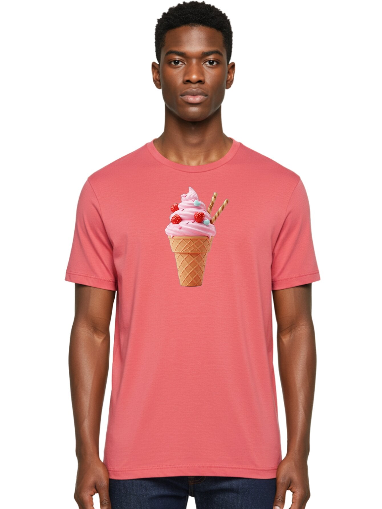 Pink-Ice-Cream-Cone Men'S Graphic Tee, 100% Cotton, Comfortable Casual Summer Wear, Machine Washable, Pink Ice Cream, Ice Cream Cone, Waffle Cone, Soft-Serve Ice Cream, Sweet Treats, Frozen Dessert, Summer Fun, Colorful Sprinkles, Bab170 18