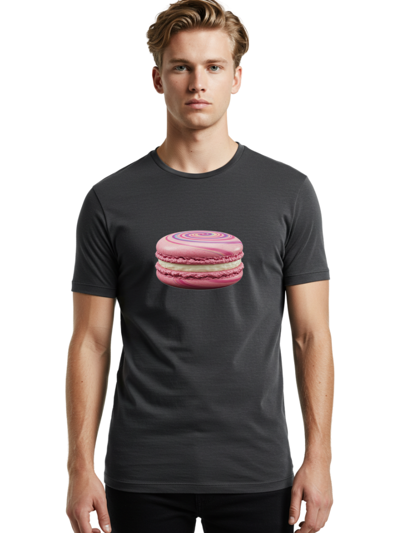 Pink-Macaron-1 Men'S Graphic Tee, 100% Cotton, Comfortable Casual Summer Wear, Machine Washable, Pink Macaron, Swirly Design, White Filling, French Dessert, Sweet Treat, Meringue-Based Cookie, Pastel Colors, Bakery Item, Dessert Lover, Foodie Bab173 10