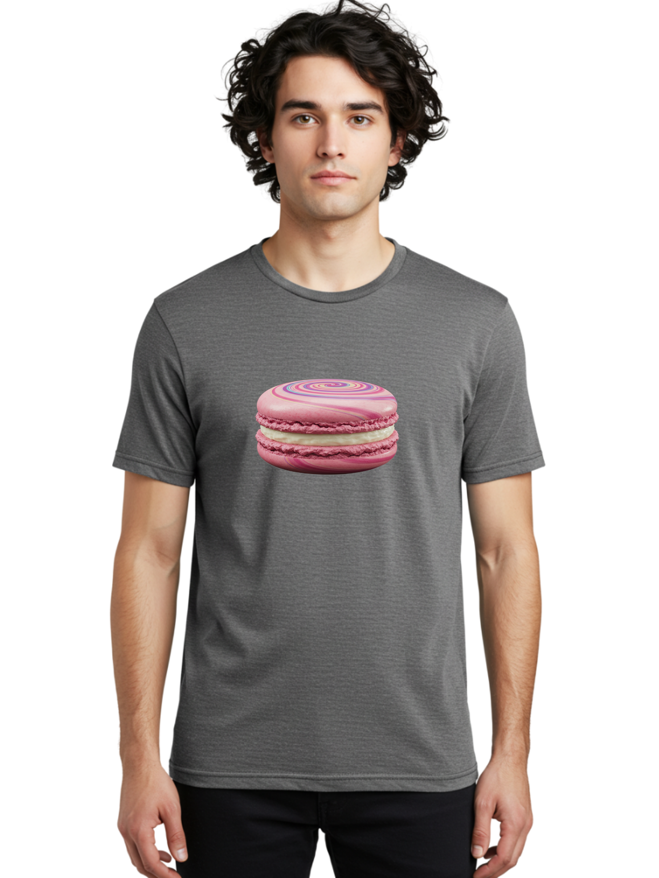 Pink-Macaron-1 Men'S Graphic Tee, 100% Cotton, Comfortable Casual Summer Wear, Machine Washable, Pink Macaron, Swirly Design, White Filling, French Dessert, Sweet Treat, Meringue-Based Cookie, Pastel Colors, Bakery Item, Dessert Lover, Foodie Bab173 12