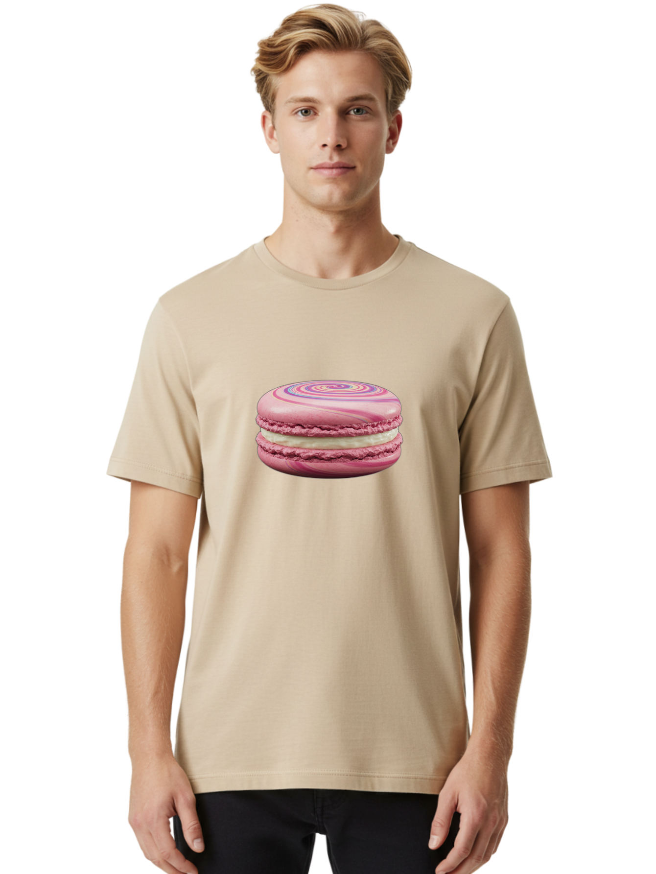 Pink-Macaron-1 Men'S Graphic Tee, 100% Cotton, Comfortable Casual Summer Wear, Machine Washable, Pink Macaron, Swirly Design, White Filling, French Dessert, Sweet Treat, Meringue-Based Cookie, Pastel Colors, Bakery Item, Dessert Lover, Foodie Bab173 4