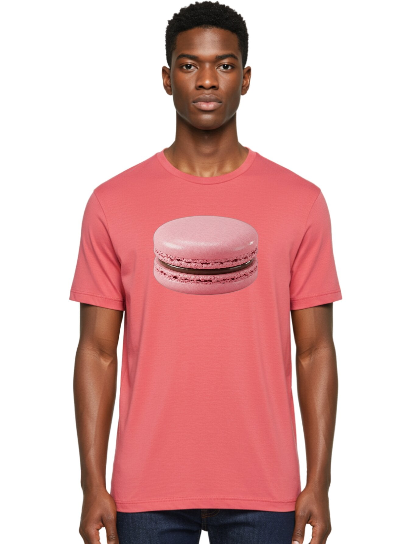 Pink-Macaron-2 Men'S Graphic Tee, 100% Cotton, Comfortable Casual Summer Wear, Machine Washable, Pink Macaroon, Chocolate Filling, Sweet Treat, Dessert, French Patisserie, Delicate Meringue, Gourmet Snack, Macaroon Texture, Pink Color Bab174 30