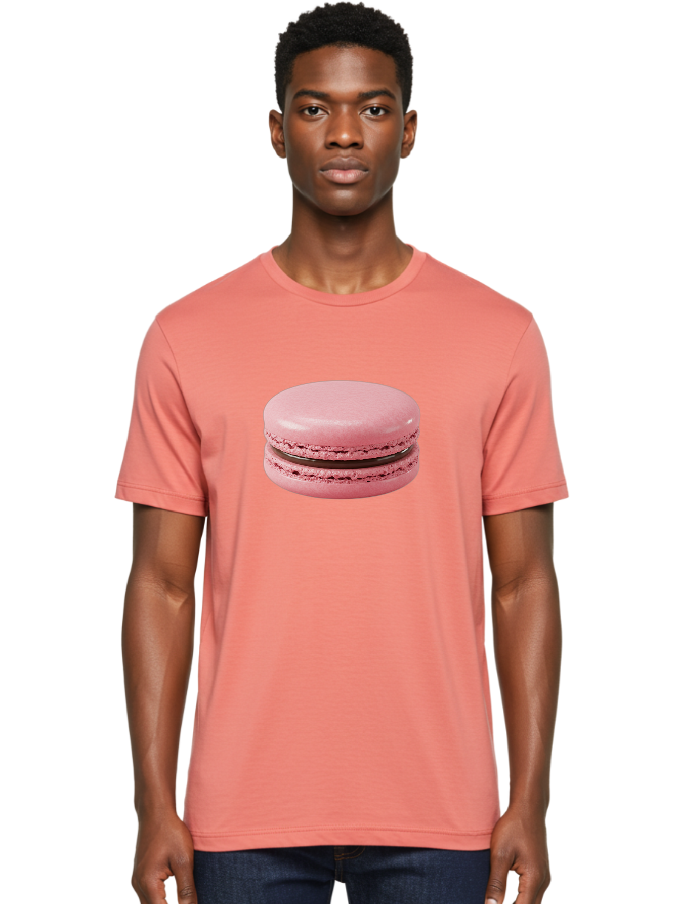Pink-Macaron-2 Men'S Graphic Tee, 100% Cotton, Comfortable Casual Summer Wear, Machine Washable, Pink Macaroon, Chocolate Filling, Sweet Treat, Dessert, French Patisserie, Delicate Meringue, Gourmet Snack, Macaroon Texture, Pink Color Bab174