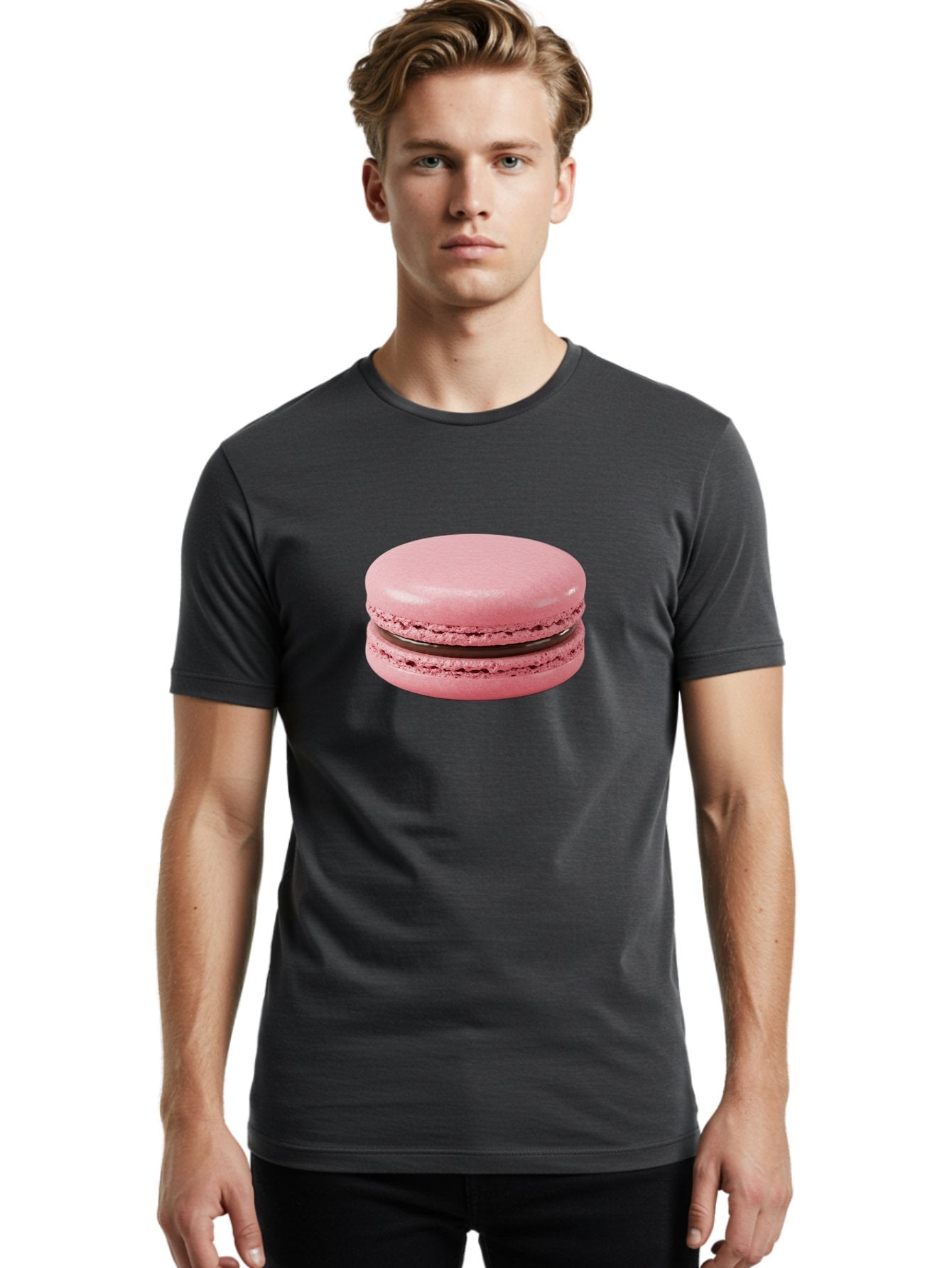 Pink-Macaron-2 Men'S Graphic Tee, 100% Cotton, Comfortable Casual Summer Wear, Machine Washable, Pink Macaroon, Chocolate Filling, Sweet Treat, Dessert, French Patisserie, Delicate Meringue, Gourmet Snack, Macaroon Texture, Pink Color Bab174 29