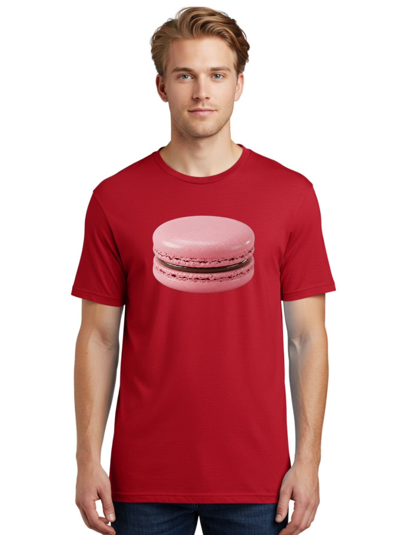 Pink-Macaron-2 Men'S Graphic Tee, 100% Cotton, Comfortable Casual Summer Wear, Machine Washable, Pink Macaroon, Chocolate Filling, Sweet Treat, Dessert, French Patisserie, Delicate Meringue, Gourmet Snack, Macaroon Texture, Pink Color Bab174 16