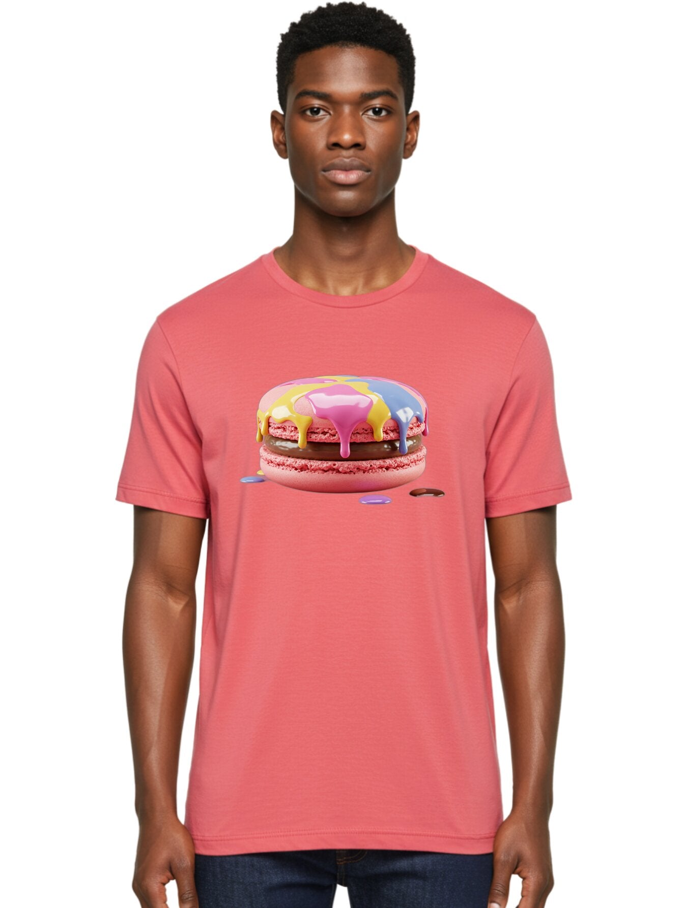 Pink-Macaron-9 Men'S Graphic Tee, 100% Cotton, Comfortable Casual Summer Wear, Machine Washable, Pink Macarons With Chocolate Ganache Filling, Pastel-Colored Icing, Colorful Dessert, Sweet Treats, Macaron Decorations, Dessert Art, Bab181 17