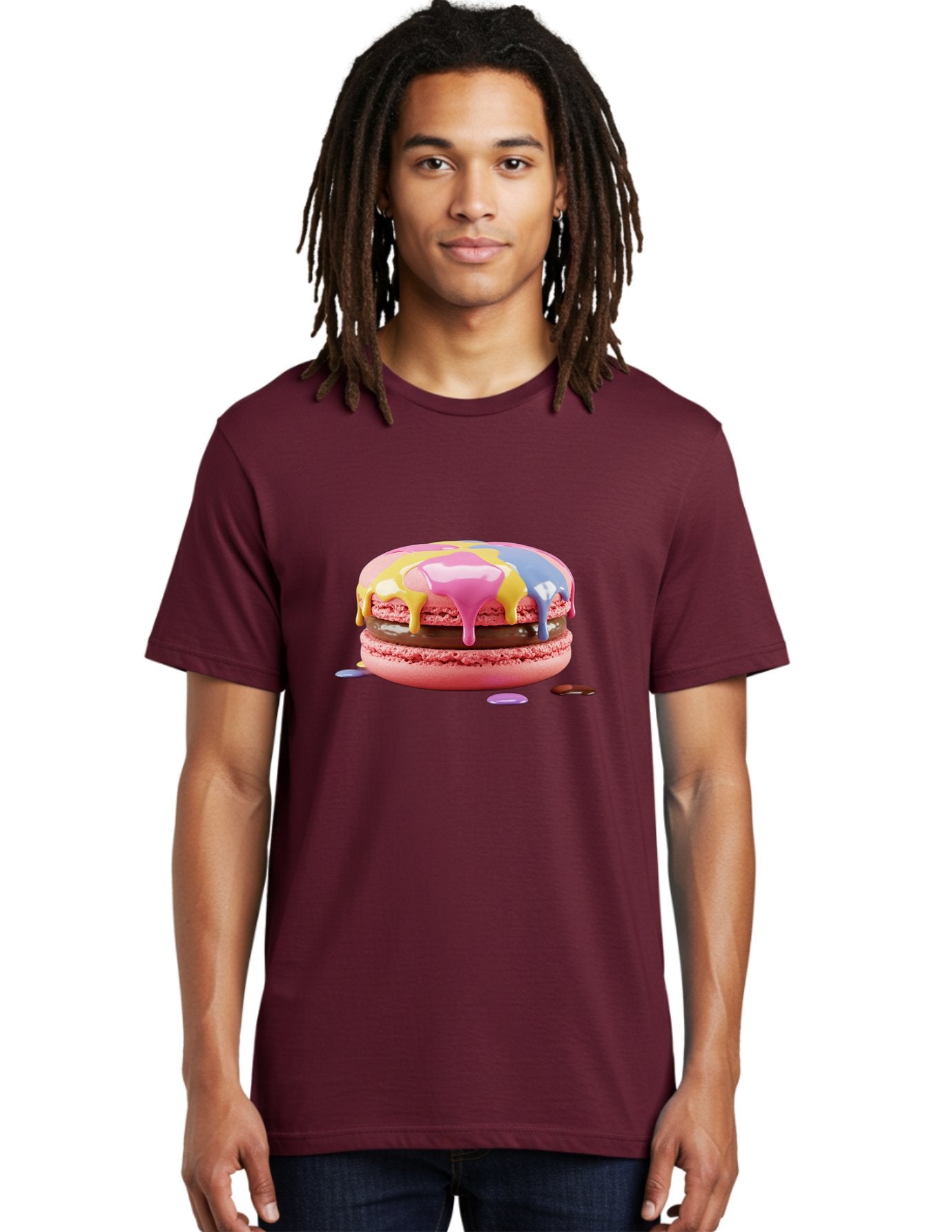 Pink-Macaron-9 Men'S Graphic Tee, 100% Cotton, Comfortable Casual Summer Wear, Machine Washable, Pink Macarons With Chocolate Ganache Filling, Pastel-Colored Icing, Colorful Dessert, Sweet Treats, Macaron Decorations, Dessert Art, Bab181 25