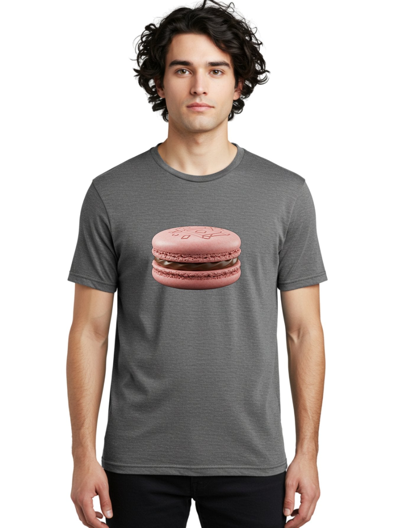 Pink-Macaron-With-Chocolate-Filling Men'S Graphic Tee, 100% Cotton, Comfortable Casual Summer Wear, Machine Washable, Pink Macaron, Chocolate Filling, Love Design, French Dessert, Sweet Treat, Delicate Meringue, Chocolate Ganache, Baked Goods Bab182 21