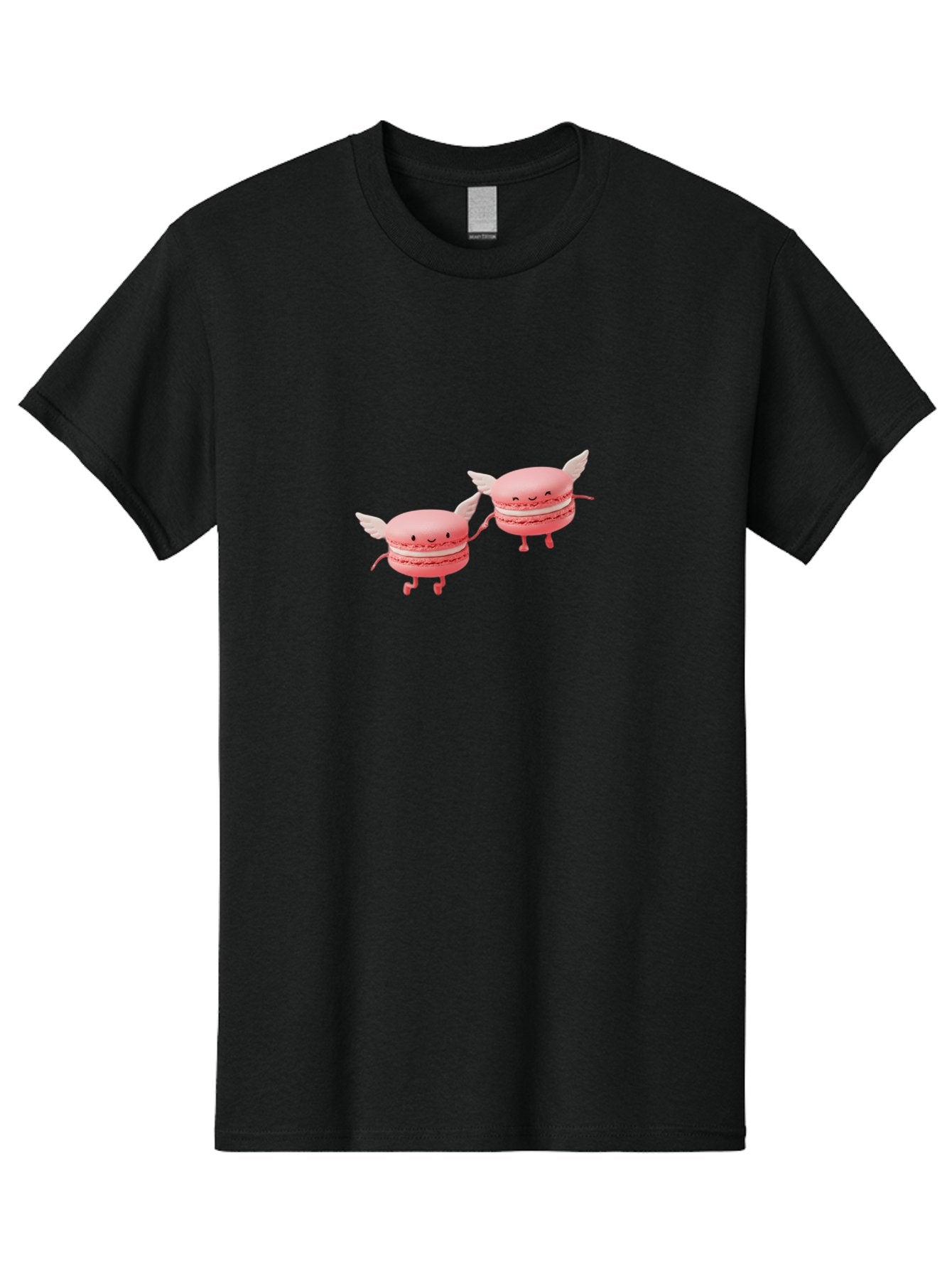 Pink-Macarons-1 Men'S Graphic Tee, 100% Cotton, Comfortable Casual Summer Wear, Machine Washable, Pink Macarons, Cute Desserts, Cartoon Characters, Smiling Faces, White Wings, Playful Treats, Dessert Lovers, Sweet Delights, Bab184 13