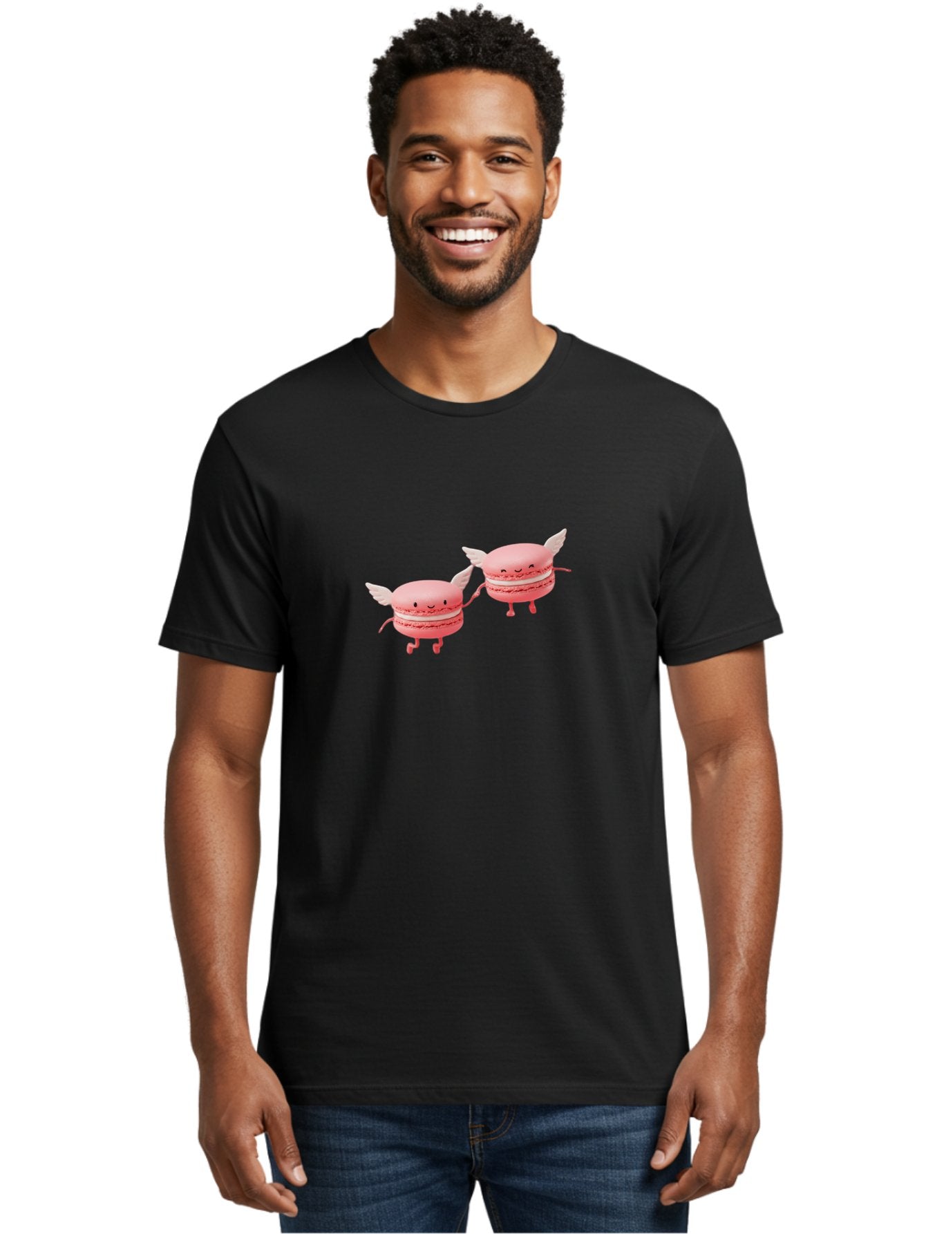 Pink-Macarons-1 Men'S Graphic Tee, 100% Cotton, Comfortable Casual Summer Wear, Machine Washable, Pink Macarons, Cute Desserts, Cartoon Characters, Smiling Faces, White Wings, Playful Treats, Dessert Lovers, Sweet Delights, Bab184 20