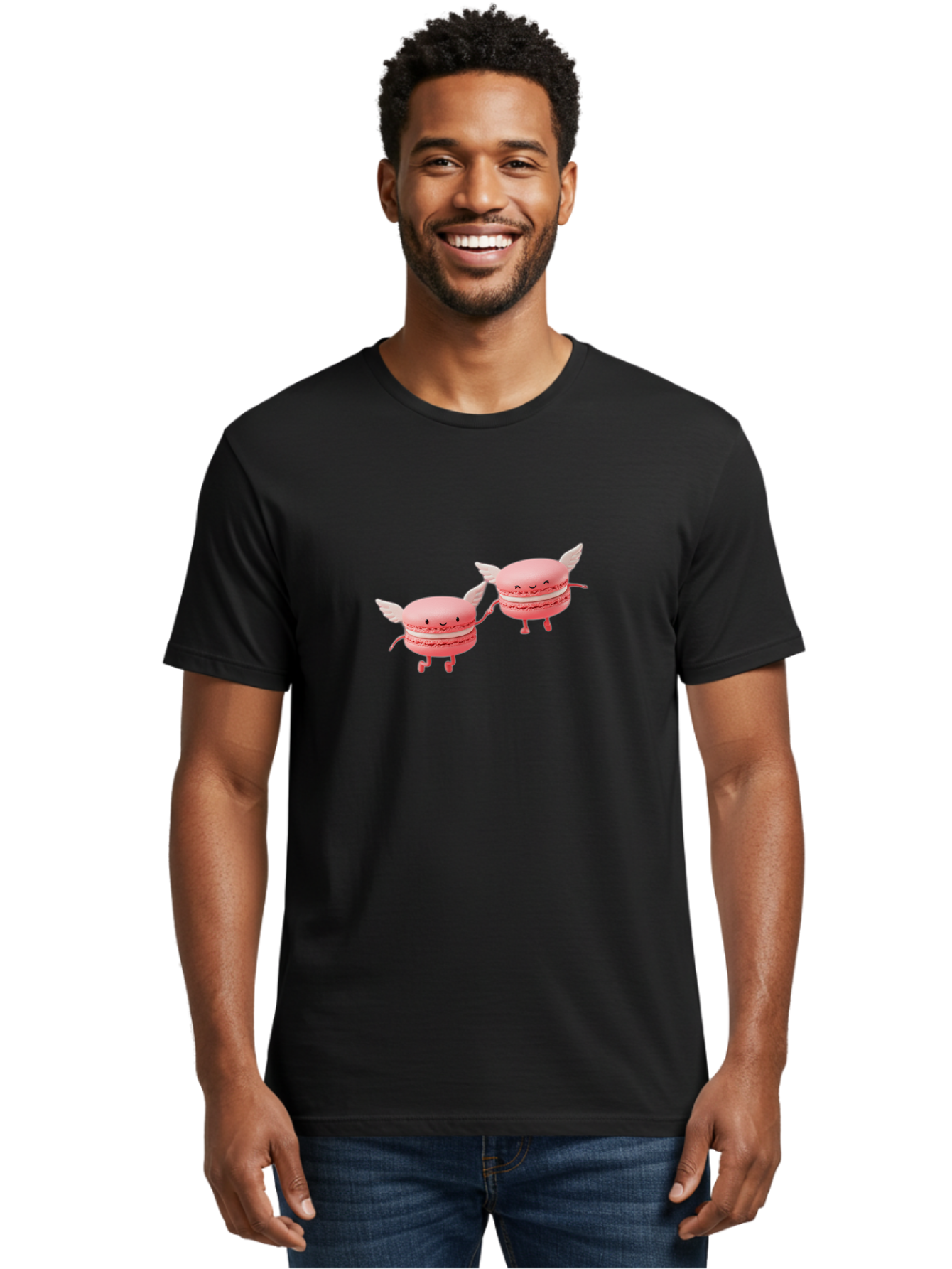 Pink-Macarons-1 Men'S Graphic Tee, 100% Cotton, Comfortable Casual Summer Wear, Machine Washable, Pink Macarons, Cute Desserts, Cartoon Characters, Smiling Faces, White Wings, Playful Treats, Dessert Lovers, Sweet Delights, Bab184 28