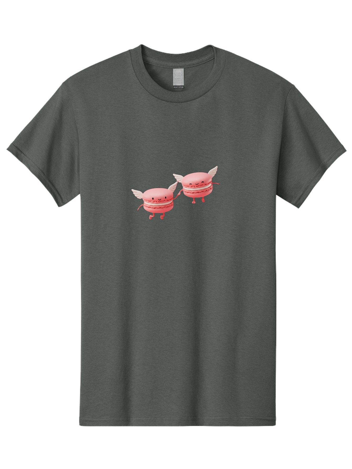 Pink-Macarons-1 Men'S Graphic Tee, 100% Cotton, Comfortable Casual Summer Wear, Machine Washable, Pink Macarons, Cute Desserts, Cartoon Characters, Smiling Faces, White Wings, Playful Treats, Dessert Lovers, Sweet Delights, Bab184 15