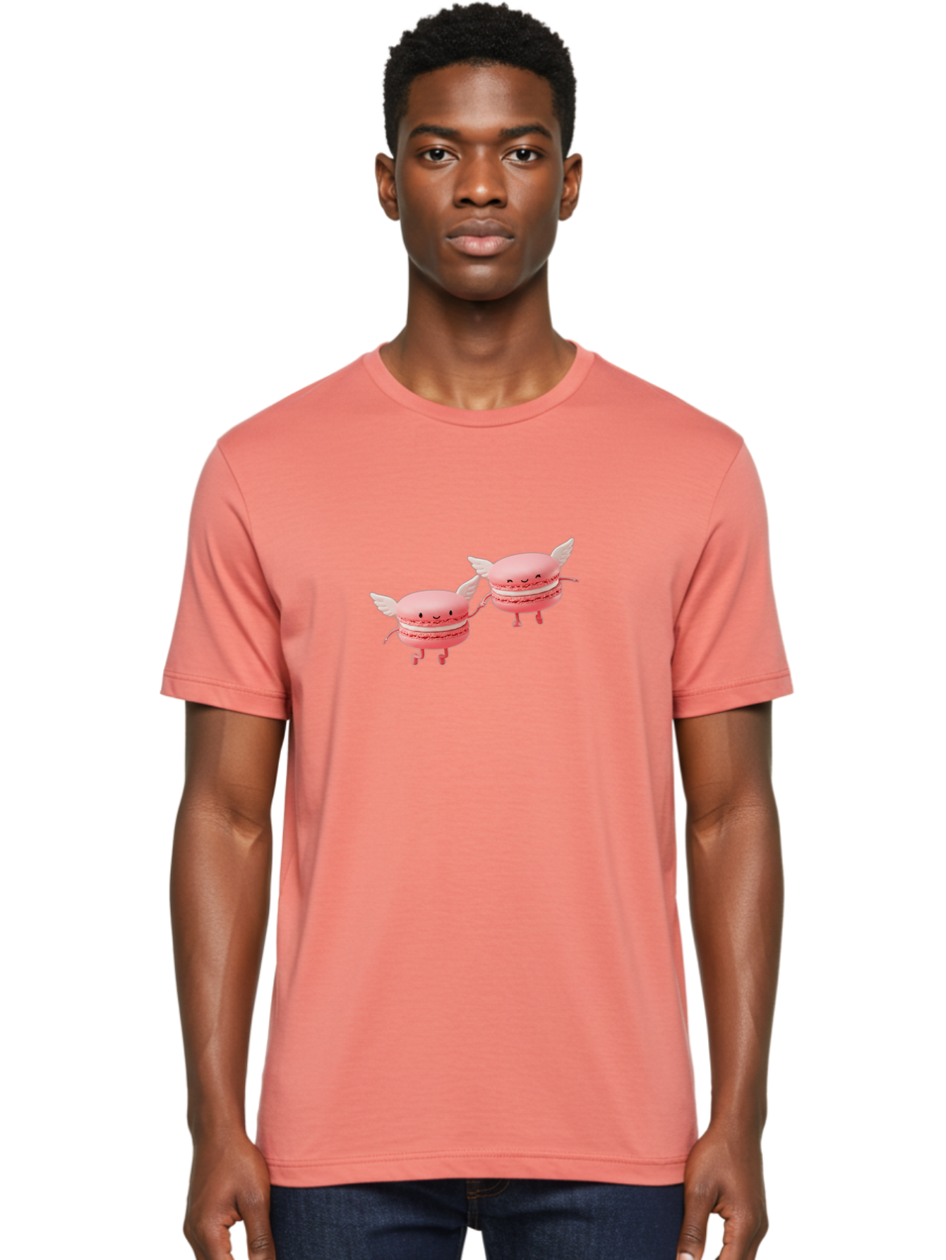Pink-Macarons-1 Men'S Graphic Tee, 100% Cotton, Comfortable Casual Summer Wear, Machine Washable, Pink Macarons, Cute Desserts, Cartoon Characters, Smiling Faces, White Wings, Playful Treats, Dessert Lovers, Sweet Delights, Bab184