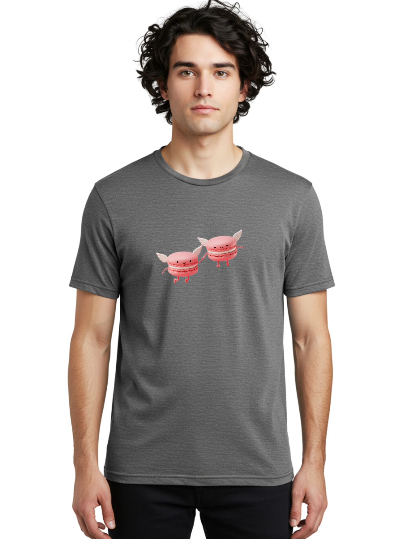 Pink-Macarons-1 Men'S Graphic Tee, 100% Cotton, Comfortable Casual Summer Wear, Machine Washable, Pink Macarons, Cute Desserts, Cartoon Characters, Smiling Faces, White Wings, Playful Treats, Dessert Lovers, Sweet Delights, Bab184 12